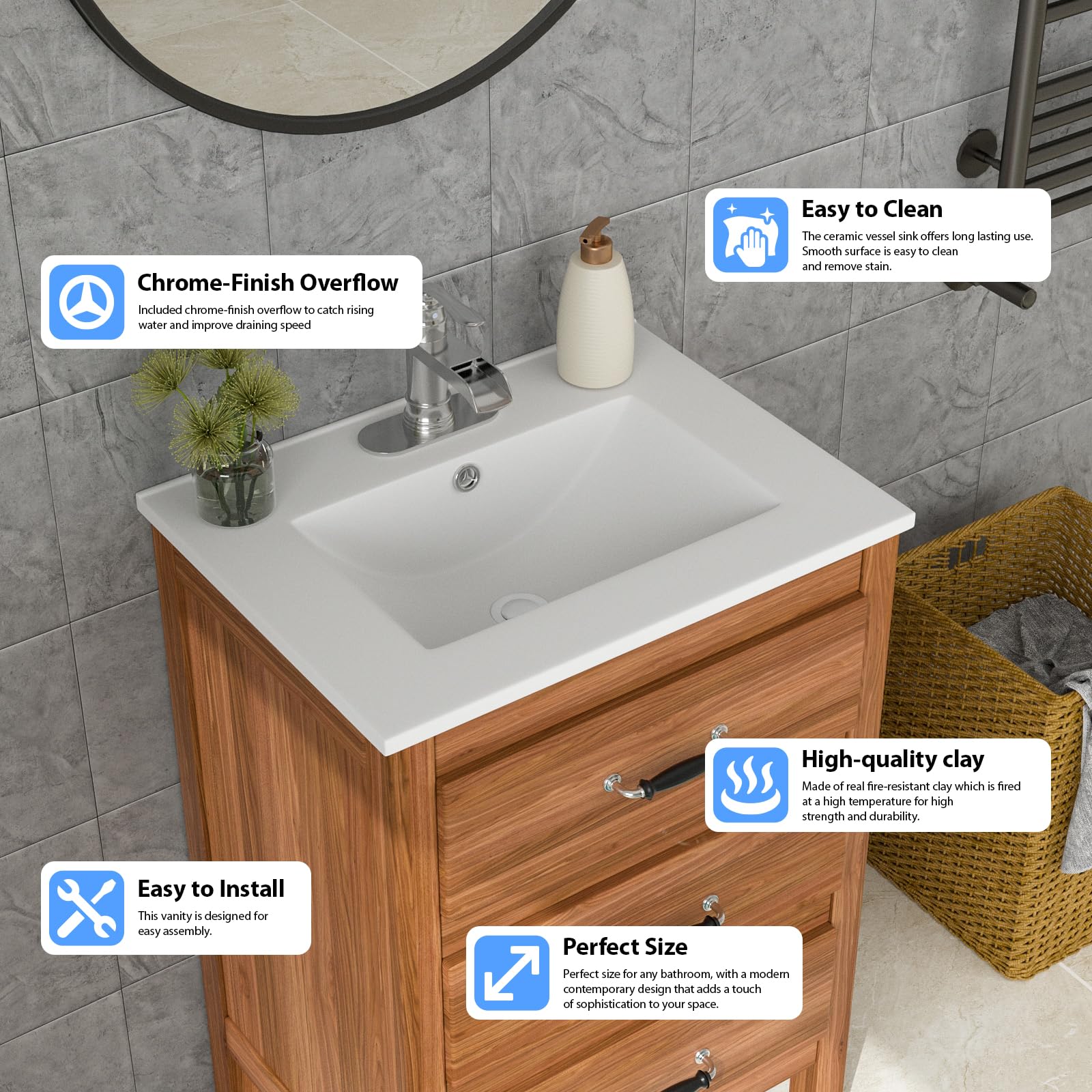 Lordear White Porcelain Ceramic Bathroom Sink - 24 x 18 Inch Drop-In Vanity Top with Single Faucet Hole - Perfect for Modern Bathroom Renovations and Small Space Vanities