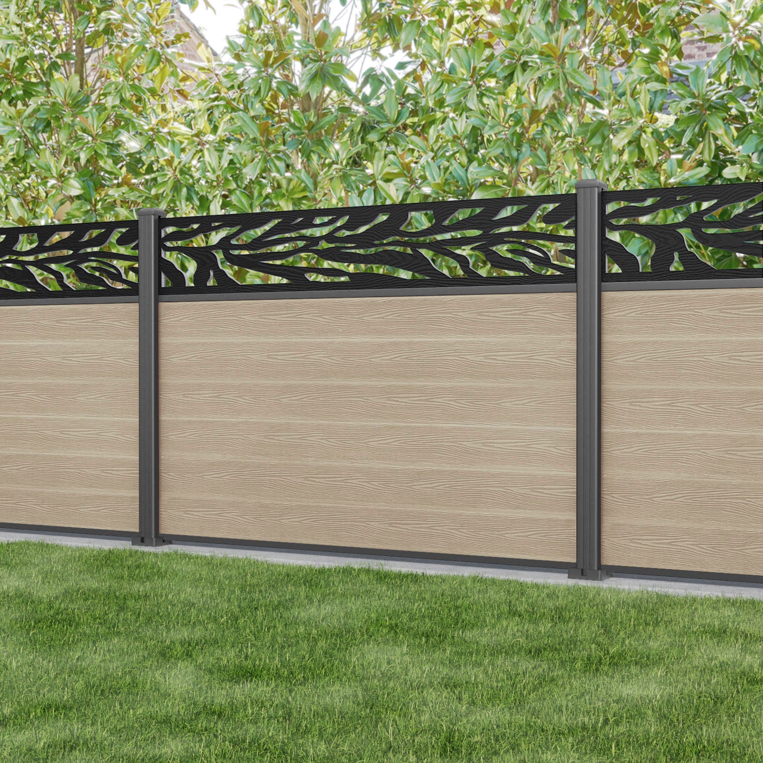 Classic Malawi Fence Panel - Light Oak Wood with Aluminum Posts for Garden, Yard, and Outdoor Privacy Fencing