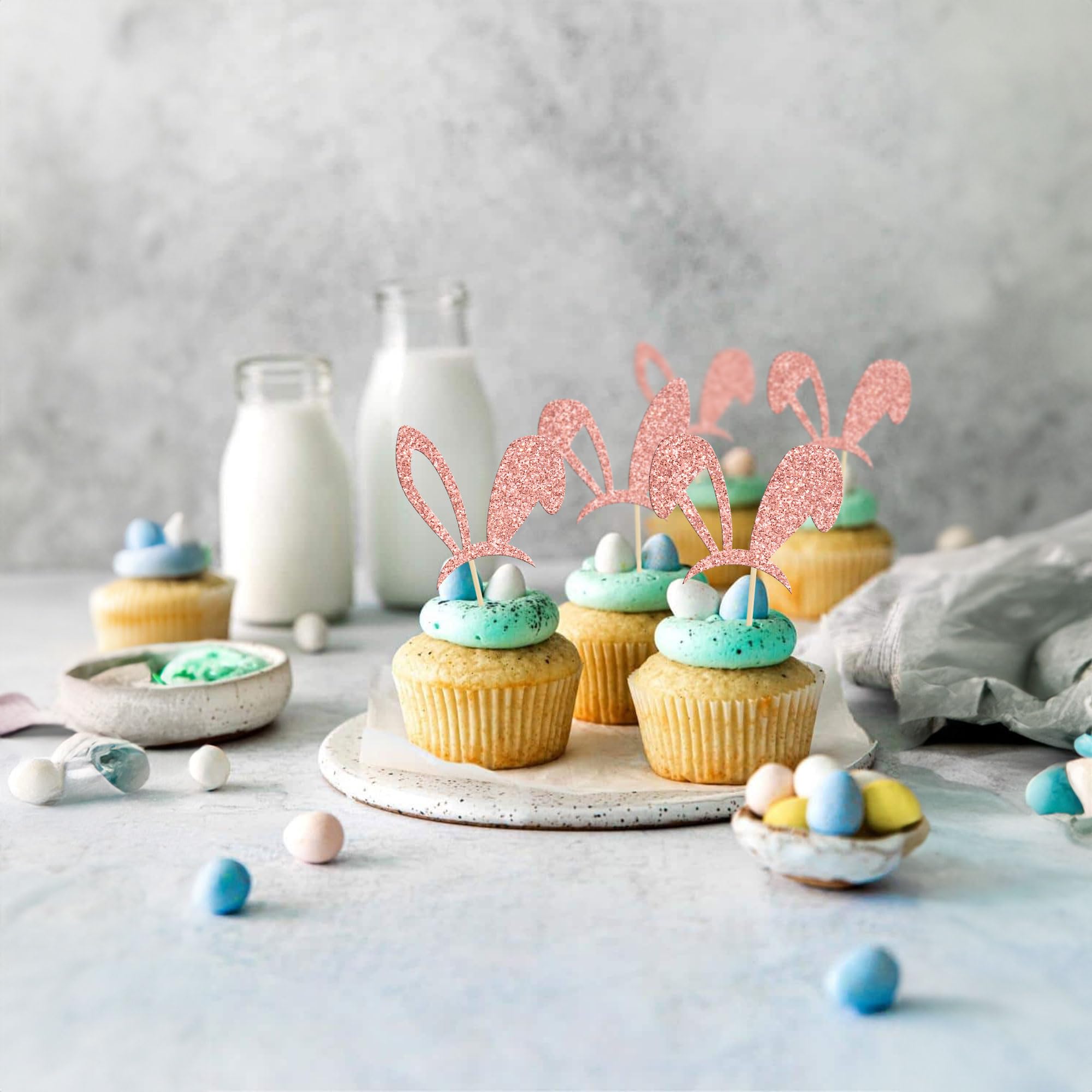 24Pcs Rose Gold Glitter Bunny Ear Cupcake Toppers - Easter Cake Decorations for Spring Birthday, Baby Shower & Bunny Theme Party Supplies | Perfect for Easter Desserts, Holiday Treats & Festive Celebrations
