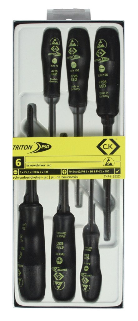 C.K. TOOLS T4741SESD 6-Piece Slotted/Phillips ESD Safe Screwdriver Set - Anti-Static Electronics Repair Tools for Computer, Phone & Circuit Board Maintenance