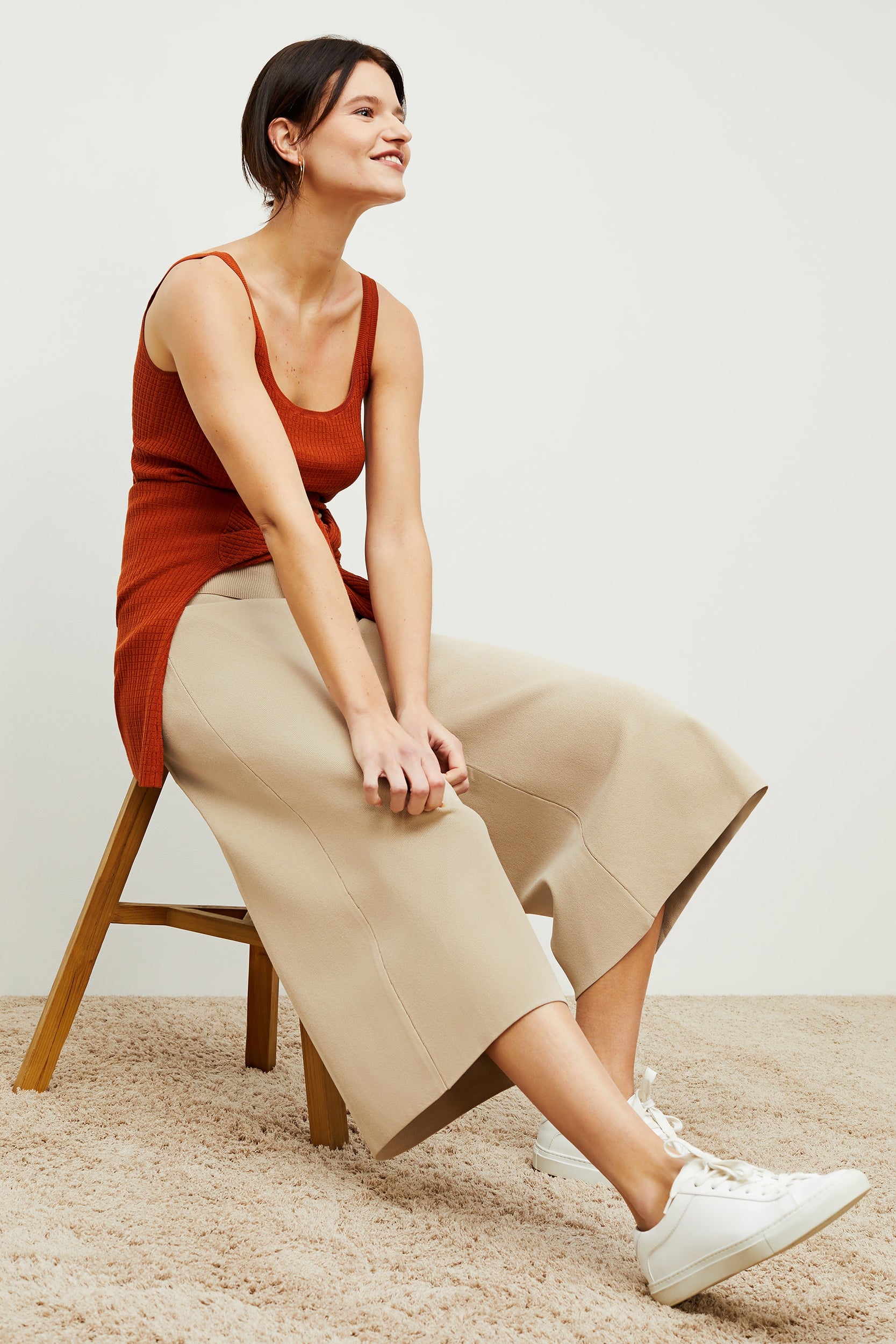 Rogala Stretch Culotte Jumpsuit & Knit Cardigan Set in Latte - Comfortable Lounge Wear for Women, Perfect for Home, Office and Casual Outings