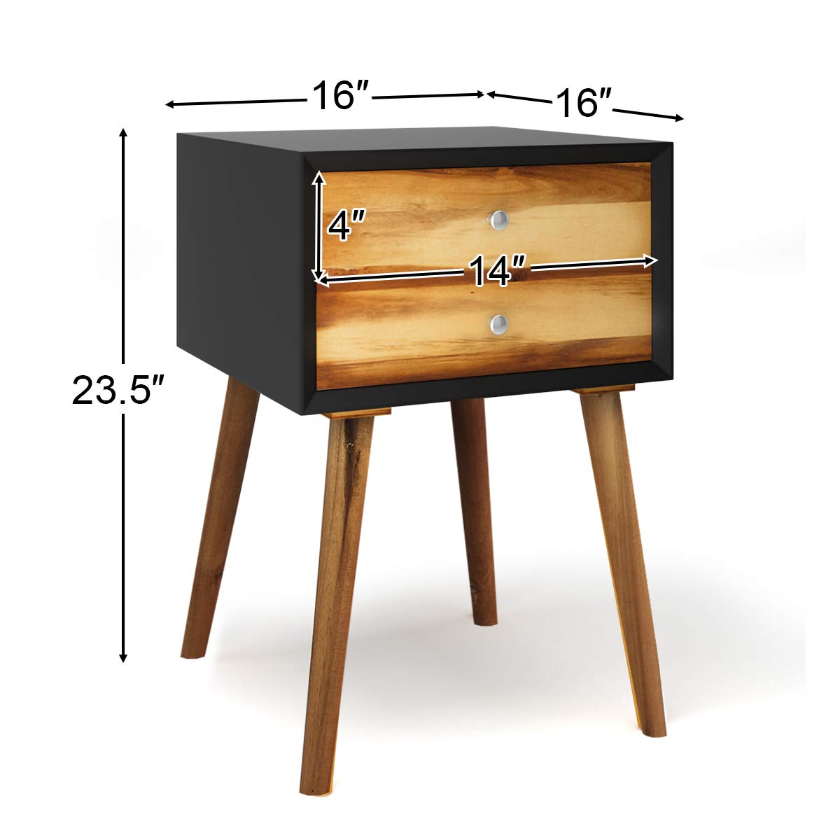 Mid Century Modern Nightstand with 2 Drawers - Solid Wood Legs Bedside Table for Bedroom, Living Room & Small Spaces - Black End Table for Cozy Home Decor & Convenient Storage