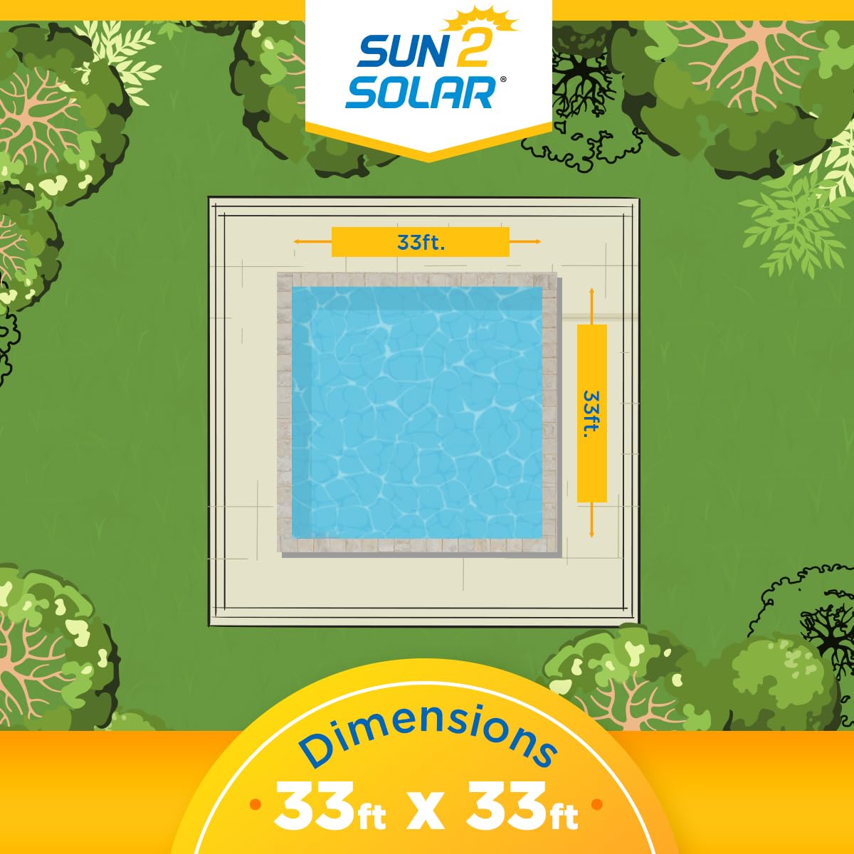 Sun2Solar Blue 33 ft x 33 ft Square Pool Solar Cover | 1200 Series Heat Retaining Solar Blanket for Inground & Above Ground Pools | Heavy-Duty 6 Grommets | Energy Efficient Swimming Pool Heater | Perfect for Backyard, Family Gatherings & Summer Pool Parties