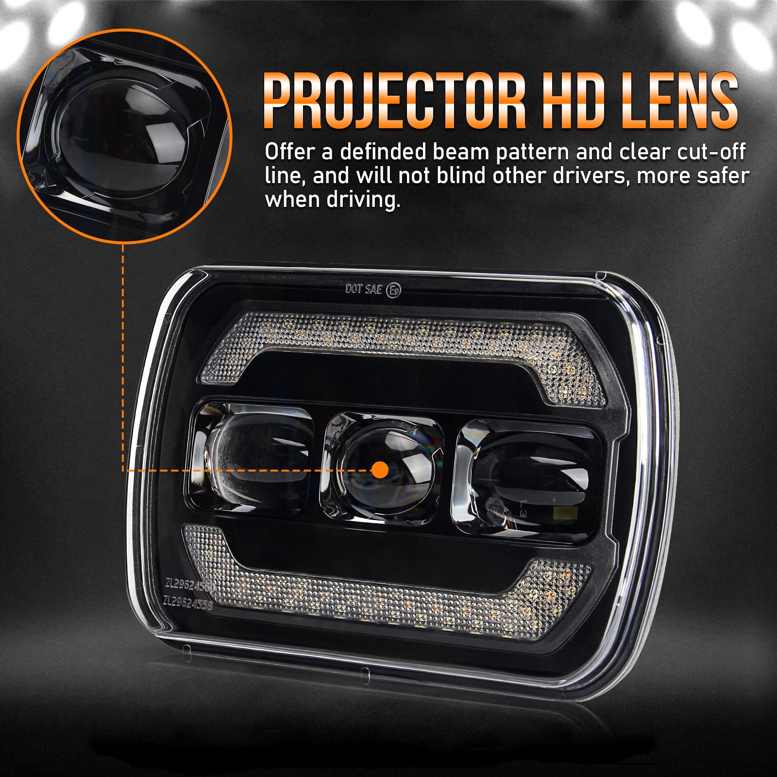 OPP ULITE 5x7 LED Headlights - White DRL & Amber Turn Signal Halo - DOT Approved 80W 6500K Projector Lens - Square 7x6 Headlights Plug & Play Replacement for H6054 H5054 - 2PC Pack - Perfect for Jeep Wrangler, Ford F150 & Off-Road Vehicles