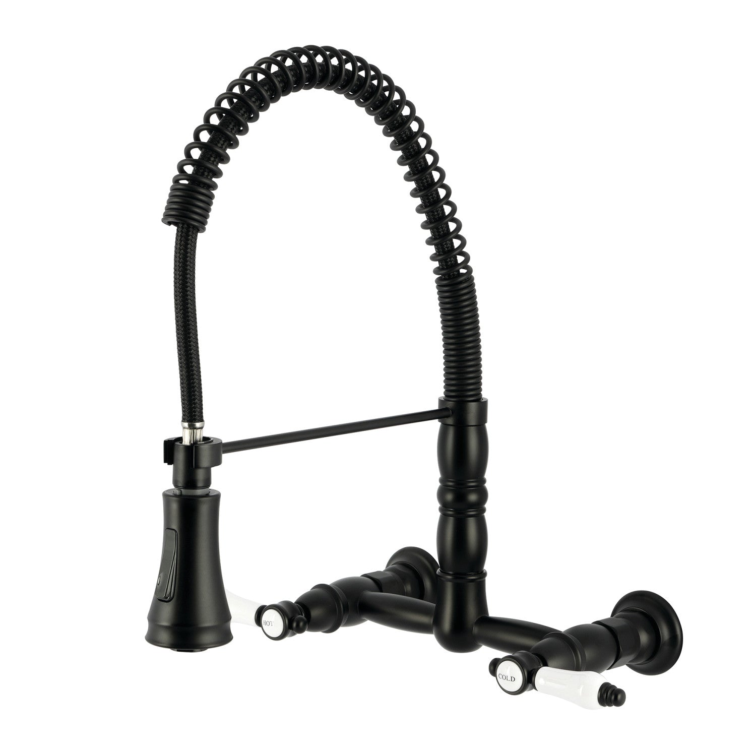 Bel Air GS1240BPL Matte Black Wall Mount Kitchen Faucet - Double Handle 2 Hole Pre-Rinse Bridge Faucet for Commercial & Home Use - Perfect for Restaurants, Bars, and Modern Kitchens