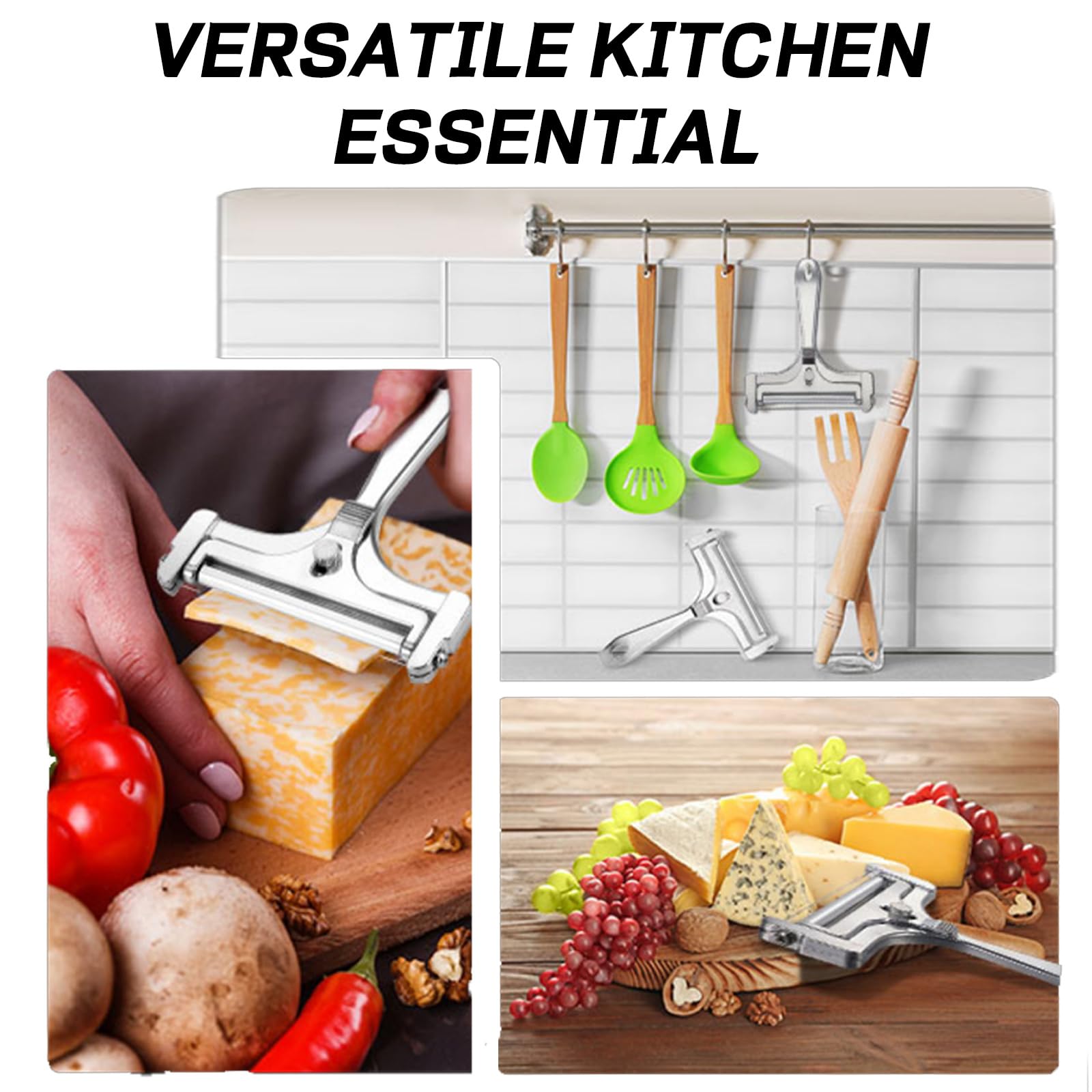 Stainless Steel Adjustable Wire Cheese Slicer - Handheld Cheese Cutter with 4 Extra Wires for Hard, Soft & Semi-Soft Cheeses - Perfect for Charcuterie Boards, Kitchen Prep & Gourmet Cooking