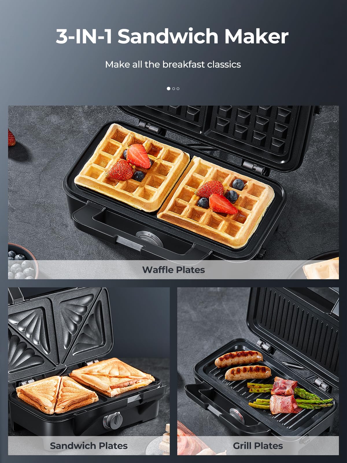 3-in-1 Sandwich Maker & Waffle Iron with Removable Plates - Panini Press, 5-Temperature Settings, Non-Stick Coating, Cool-Touch Handle & Anti-Skid Feet - Perfect for Breakfast, Brunch & Quick Meals (1200W)