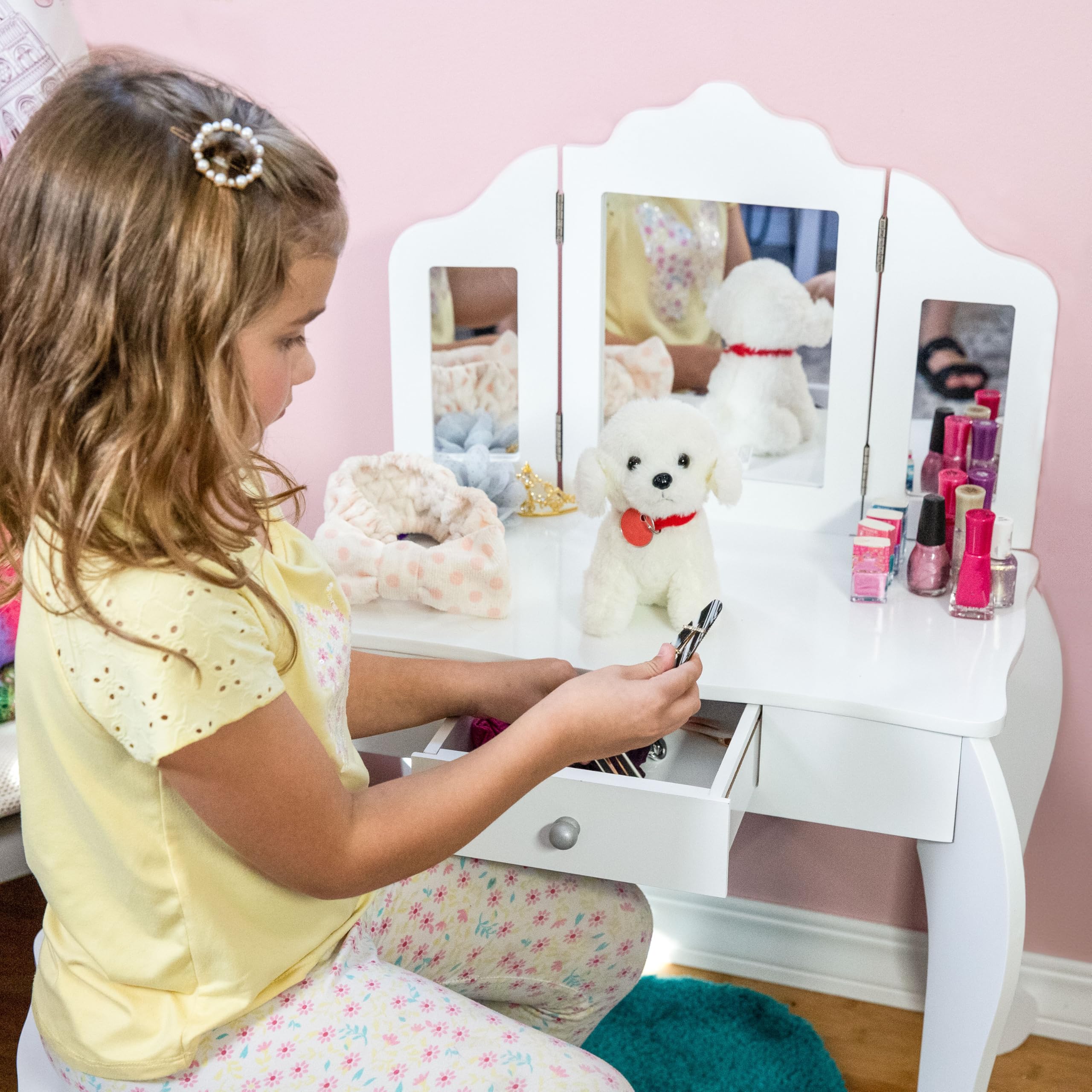 Wooden Pretend Play Vanity Set for Girls - Kids' Vanity Desk with Mirror, Drawer & Stool - White - Perfect for Dress-Up, Role Play & Birthday Gifts