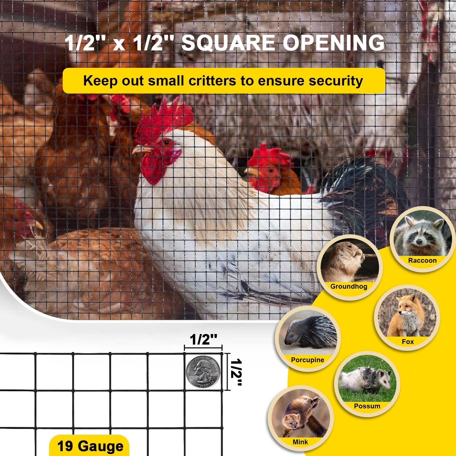 Black PVC Coated Galvanized Steel Wire Mesh Roll - 1/2 Inch 19 Gauge (8'' x 10') - Heavy Duty Chicken Wire Fence for Coops, Rabbit/Snake Barriers, Poultry Enclosures & Garden Protection - Ideal for DIY Animal Fencing, Pest Control & Home Security