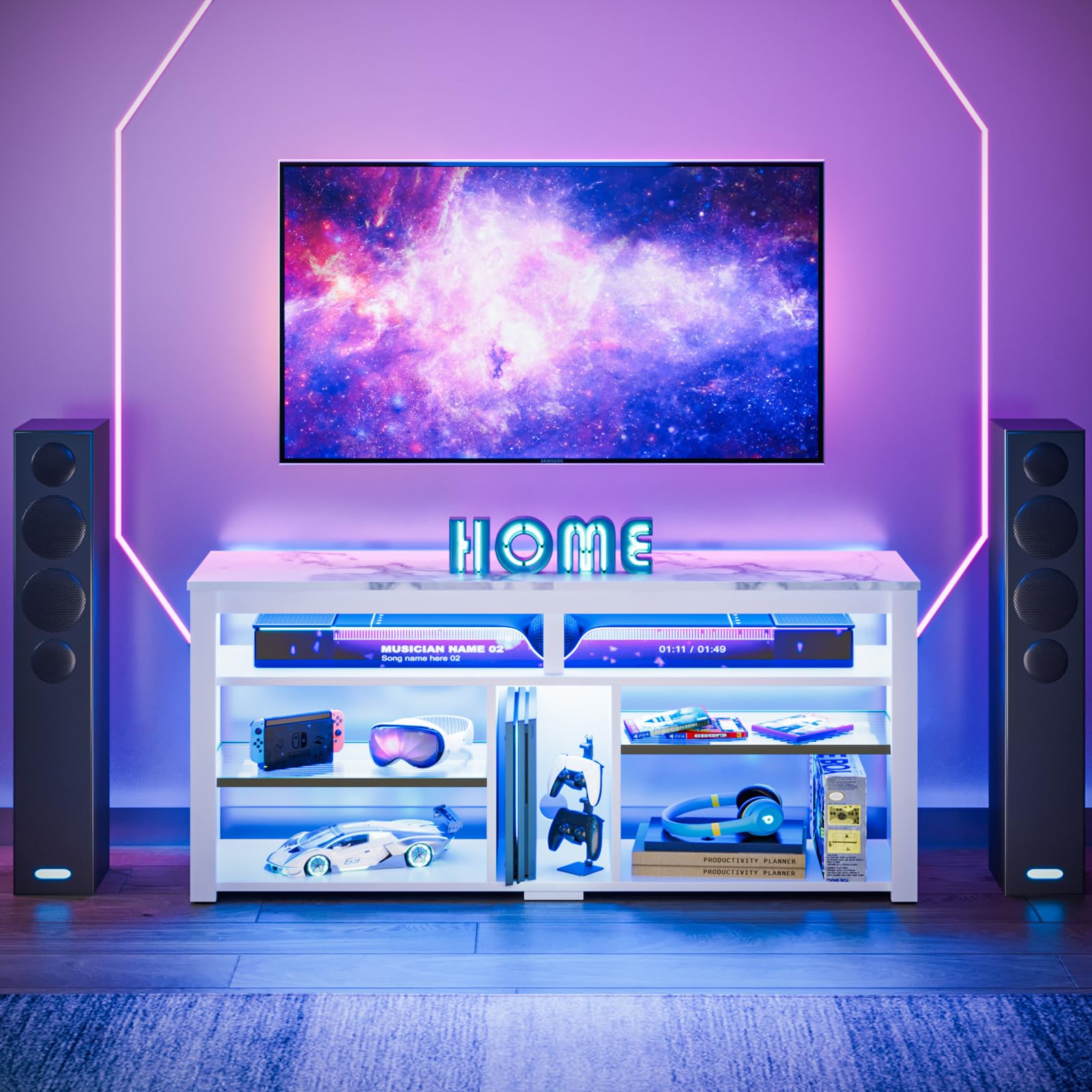 Bestier 55 inch LED TV Stand with Storage - Entertainment Center for PS4, Xbox, 60/65 inch TVs - Adjustable Shelf Media Console - White Marble TV Cabinet for Living Room, Bedroom & Game Room
