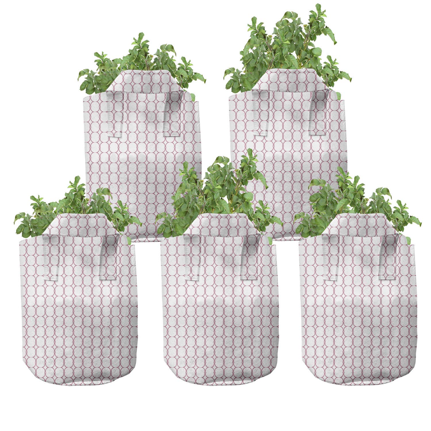 Ambesonne 5-Pack Heavy Duty Fabric Grow Bags with Handles - Abstract Symmetric Mosaic Mesh Art Design in Dried Rose & White Colors - Durable Plant Pots for Indoor/Outdoor Gardening, Balcony Decor & Urban Farming