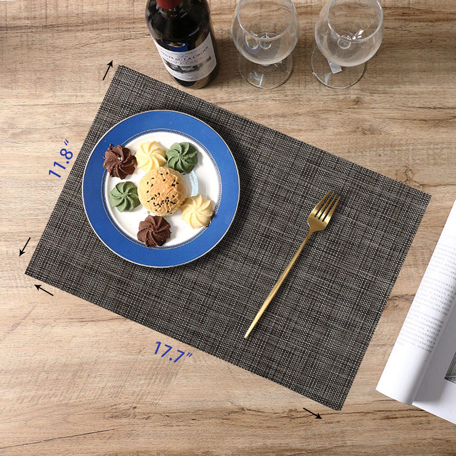 6-Pack Woven Washable Vinyl Placemats for Kitchen & Dining Table - Wipeable, Durable & Stylish (Grey) - Perfect for Everyday Meals, Dinner Parties & Home Decor