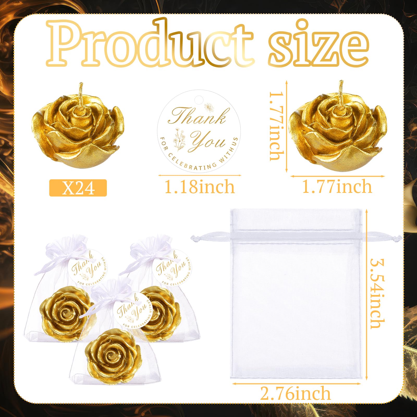24-Pack Rose Tealight Candles for Wedding Favors & Parties - Gold Mini Floral Candles for Birthdays, Showers, Housewarming