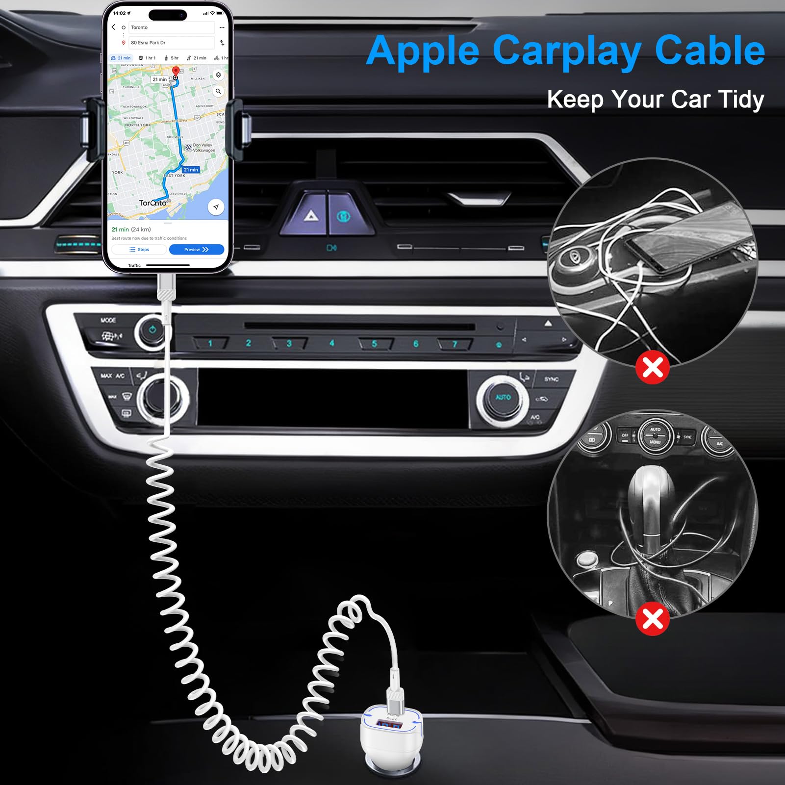 Apple USB C CarPlay Cable - 2 Pack Retractable Coil Charging Cable for iPhone 14 Pro Max/14 Plus/14/13/12/11/Xs/XR & iPad - Fast Charging, Tangle-Free Design for Car, Home, and Office Use