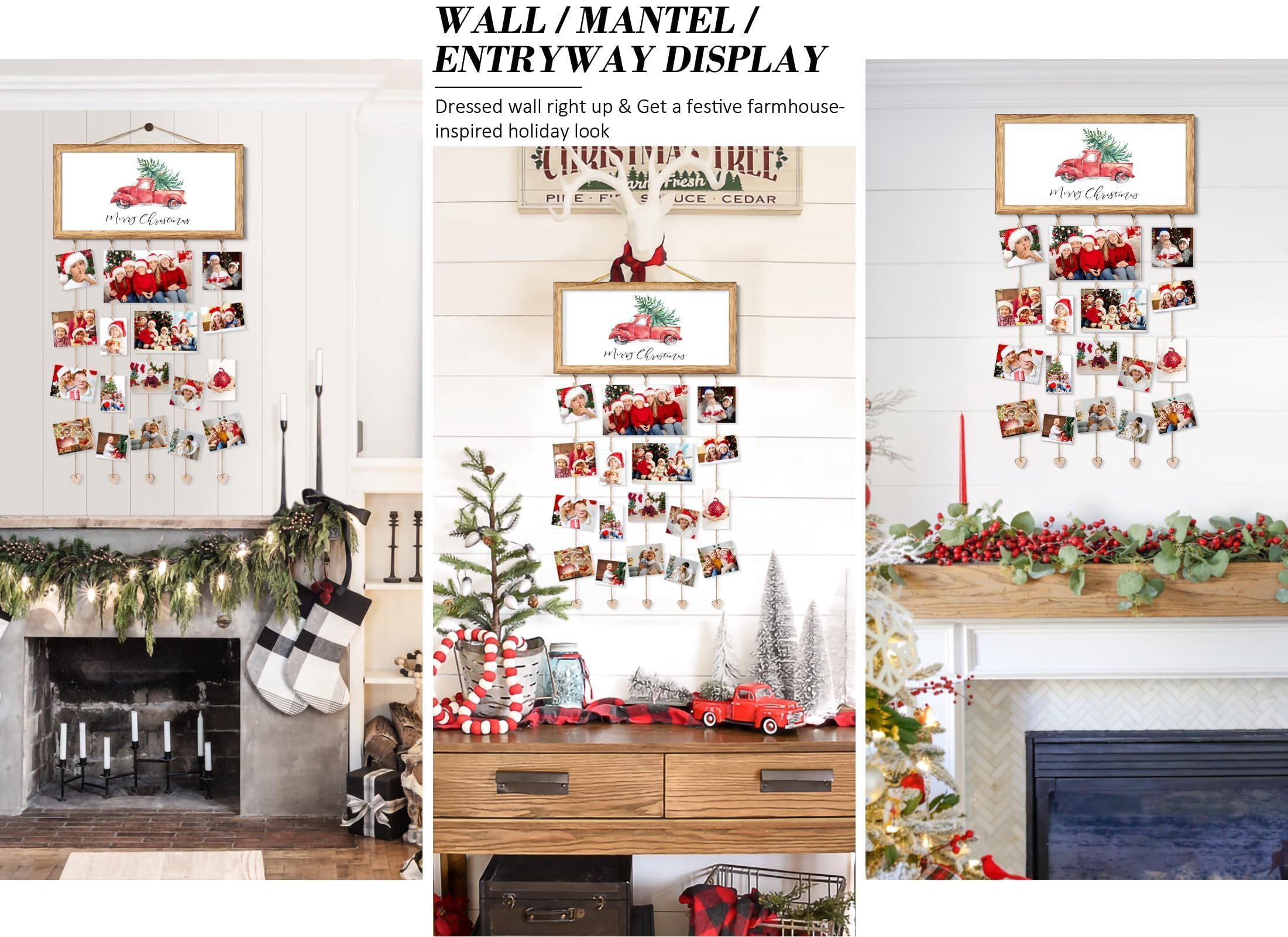 Wooden Christmas Card Holder Display - Wall Hanging Photo Clip Organizer for Holiday Greeting Cards | Merry Christmas Sign & Family Wall Decor | Perfect for Living Room, Bedroom, Entryway Decorations | Great Gift Idea for Christmas