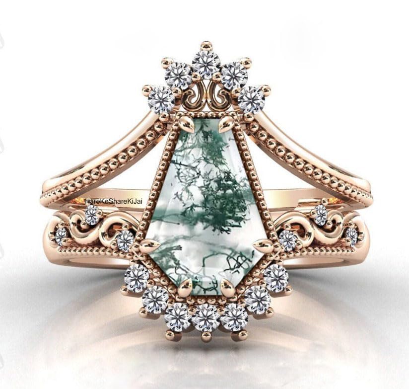 Vintage Art Deco Coffin Shaped Moss Agate Engagement Ring Set - 925 Sterling Silver Wedding Band, Anniversary Gift for Women - Perfect for Bridal Jewelry, Christmas Presents & Special Occasions