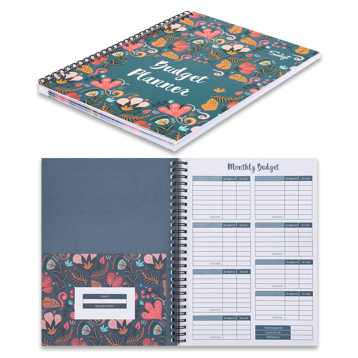 2025 Budget Planner with 12 Pockets - Monthly Financial Organizer, Undated Money Expense Tracker & Debt Saving Notebook (Blue Floral Spiral Design) - Perfect for Home Budgeting, Bill Management & Personal Finance Planning