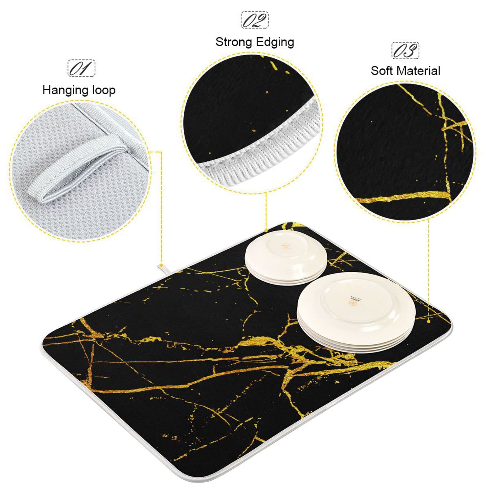 Marble Dish Drying Mat 18x24 Inch - Microfiber Kitchen Countertop Drainer for Dishes & Utensils