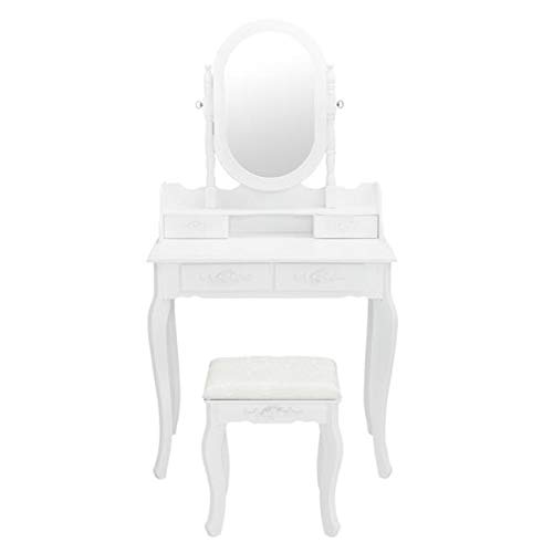 Modern Vanity Makeup Dressing Table with Mirror & Cushioned Stool - 4 Drawers White Makeup Desk for Women | Bedroom, Dressing Room & Beauty Salon Use