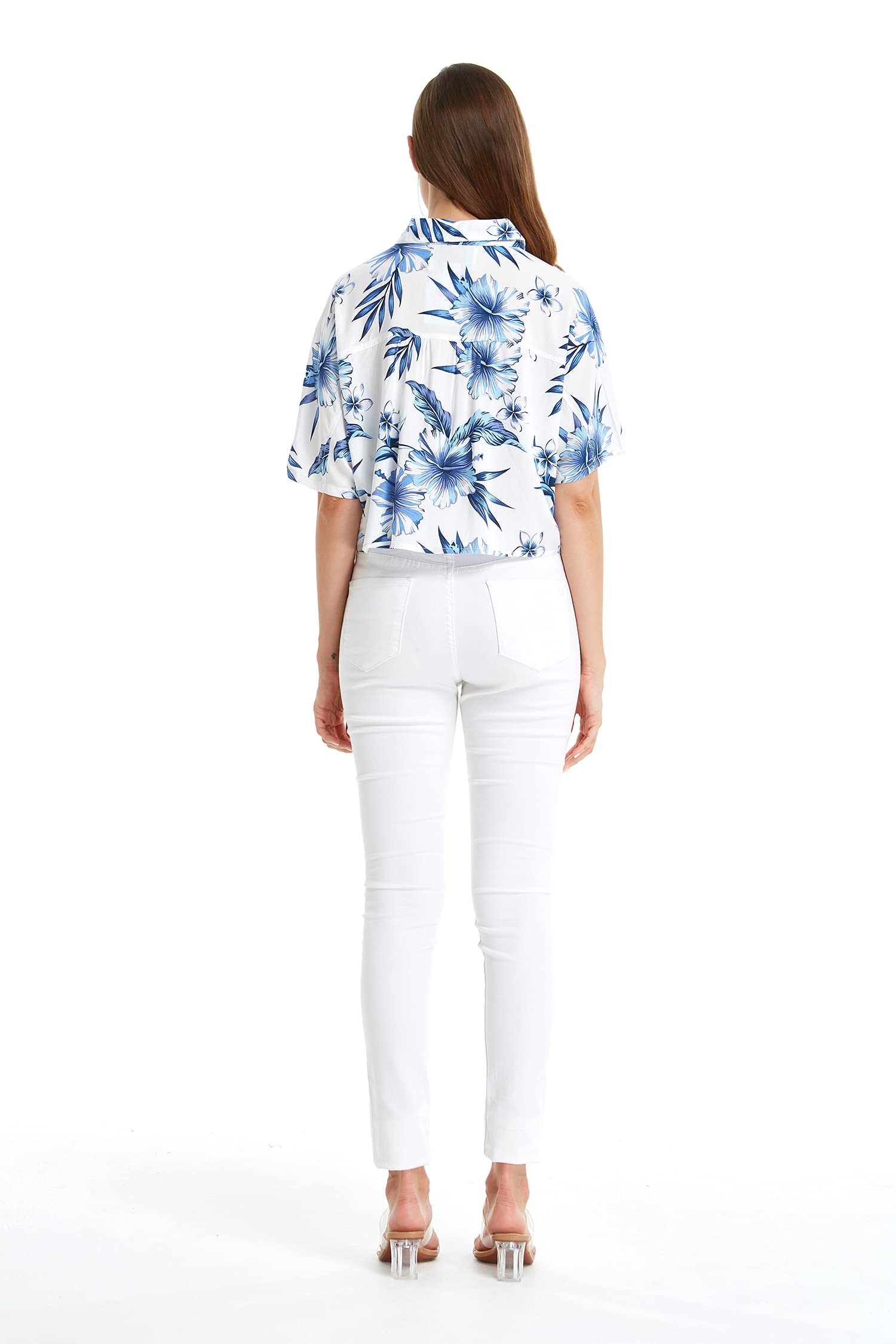 Women's Hawaiian Floral Tie Front Crop Top Aloha Shirt - Hibiscus Print Summer Beach Vacation Outfit for Women