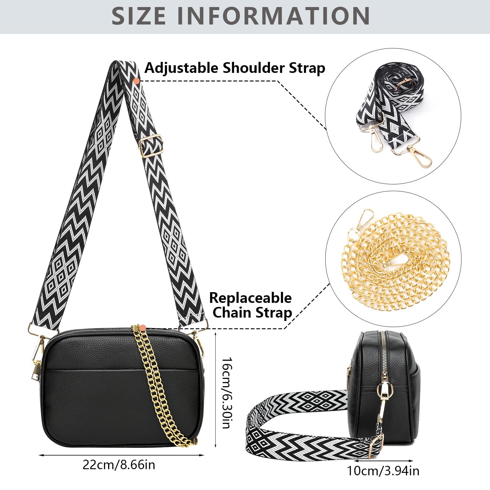 DKIIL NOIYB Women's Leather Crossbody Bag with Adjustable Wide & Chain Strap, Multiple Pockets Camera Bag (22cm) - Perfect for Travel, Work & Everyday Use