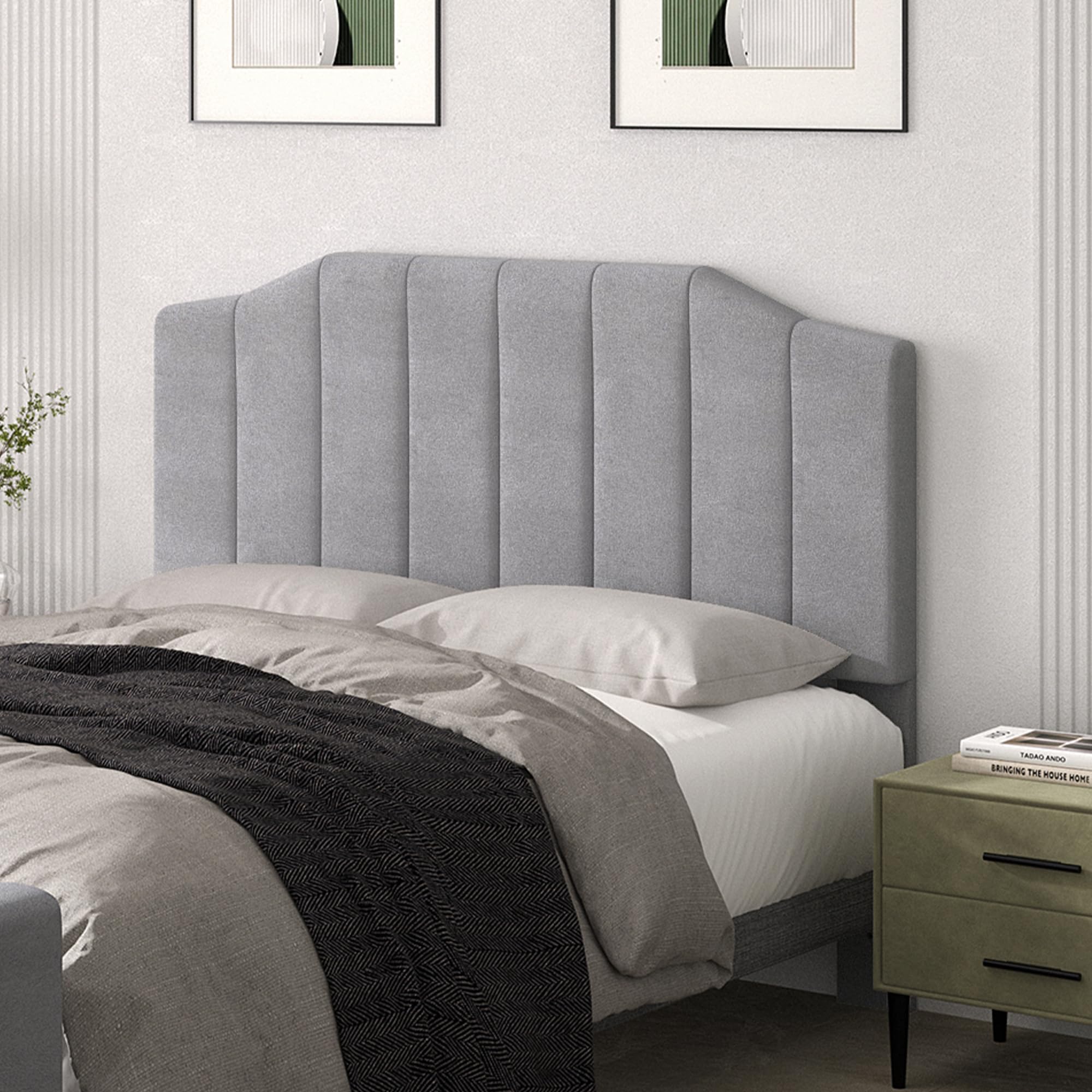 Queen Size Headboard Only - Frosted Velvet Upholstered Headboard for Adjustable Beds | Modern Vertical Channel Design with Curved Tufted Details & Luxury Soft Padding in Gray | Perfect for Master Bedrooms, Guest Rooms & Apartment Decor