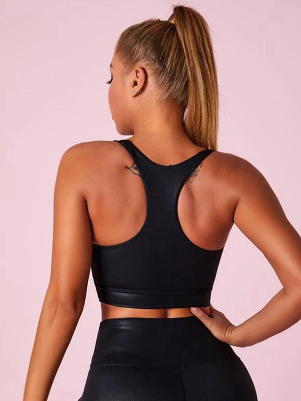 ZASUWA Women's Matte Leather Sports Bra - I-Shaped Support for Yoga, Running & Gym Workouts - High-Impact Workout Top for Active Lifestyles