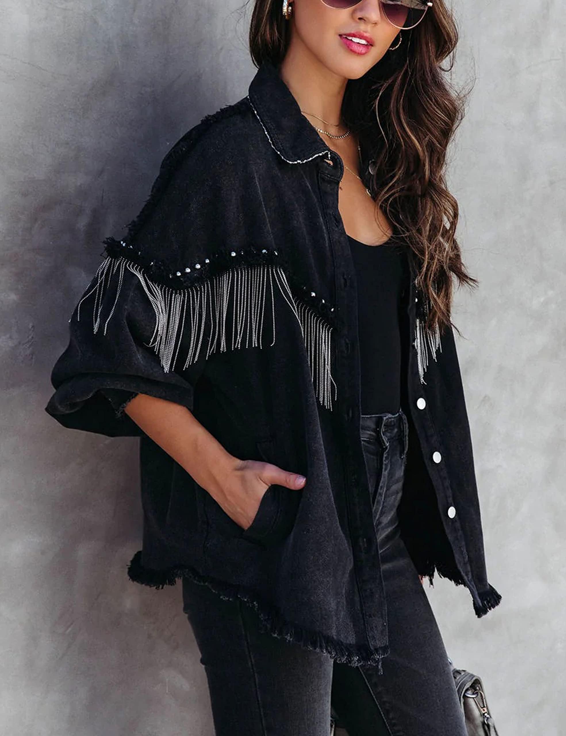 Daacee Women's Oversized Fringe Denim Jacket - Distressed Rhinestone Embellished Shacket Coat for Western Cowgirl Outfits | Perfect for Country Concerts, Rodeo Events & Boho Fashion Looks