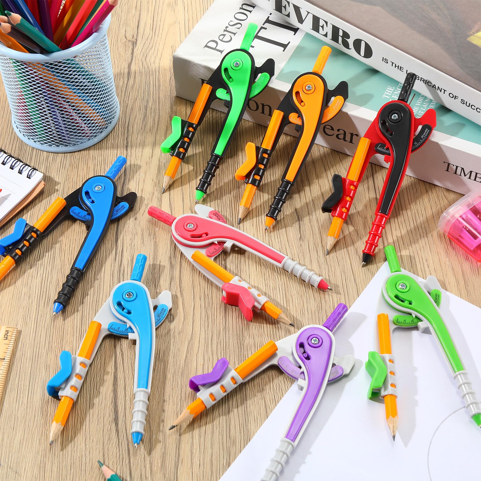 Zonon 12-Piece Student Math Geometry Compass Set - 6 Inch Plastic Drawing Compass with Pencils, Bright Colors, Precision Tool for School & Office - Perfect for Geometry Class, Engineering Drawings & Art Projects