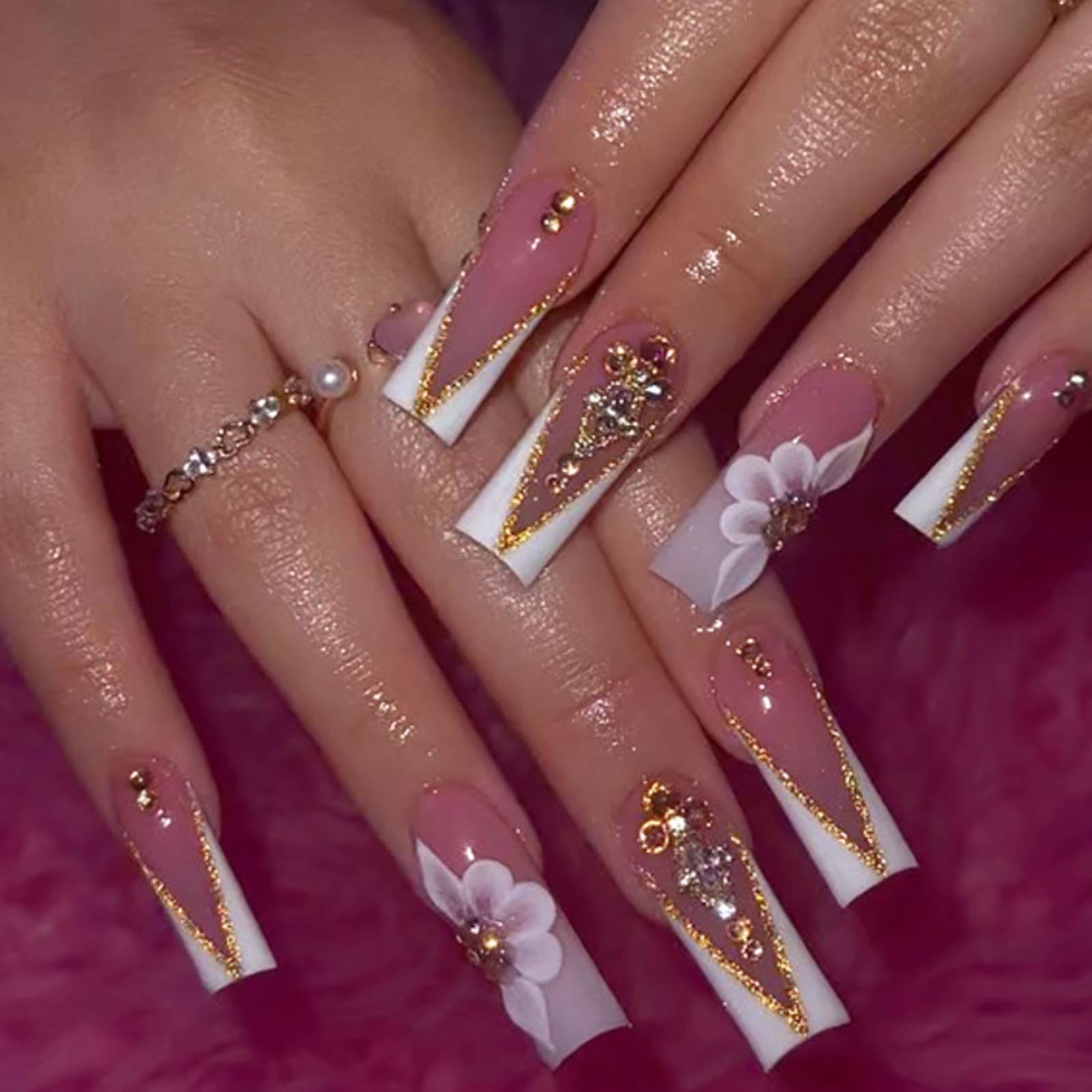 Pink Acrylic Long Square Fake Nails with French Press Design - 24PCS Full Cover Flower Nails for Women & Girls | Perfect for Parties, Weddings, and Special Occasions