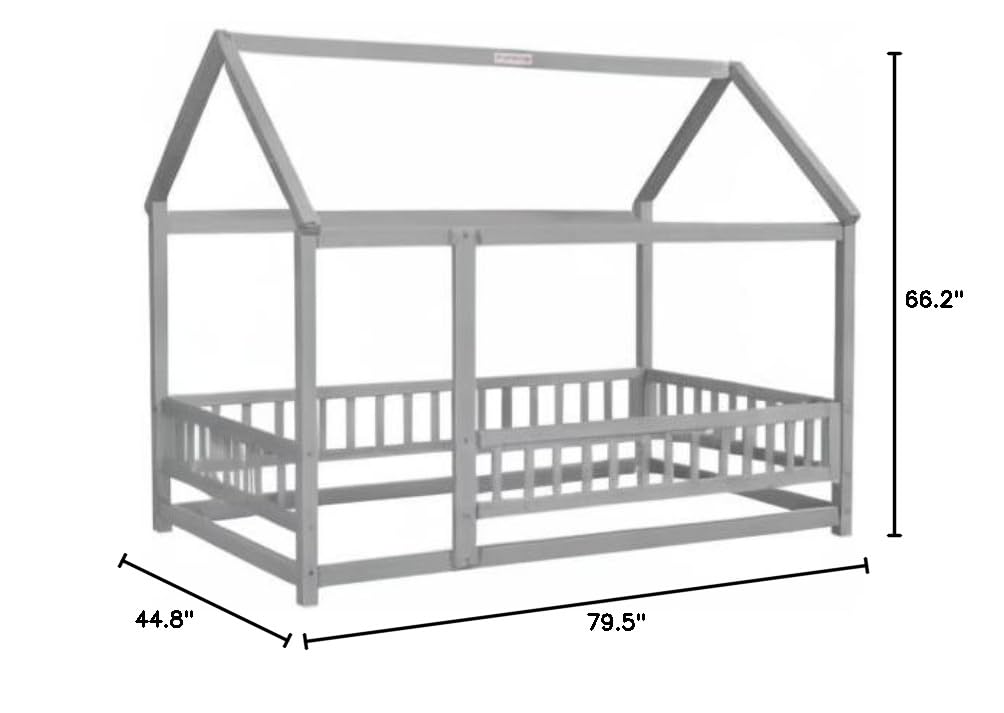 Twin Size Wooden House Bed with Roof and Safety Guardrails - Easy Assembly Bed Frame for Kids, Teens, Boys & Girls (White) - Perfect for Nursery, Bedroom, Playroom & Kids' Room Decor