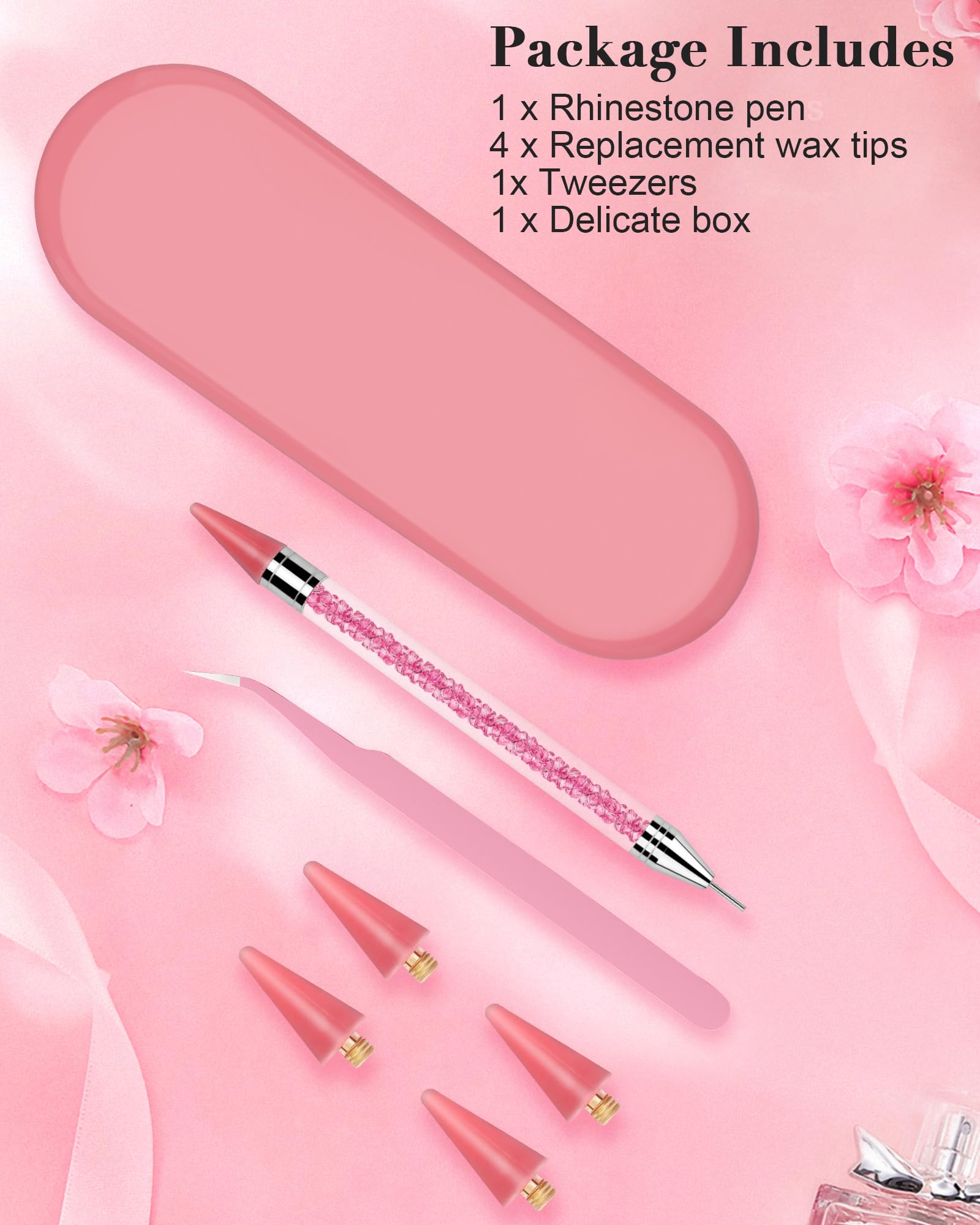 Rolybag Dual-Ended Rhinestone Picker & Applicator Tool with 4 Replaceable Wax Tips & Tweezers - Perfect for DIY Nail Art, Jewelry Making & Craft Projects (Pink)