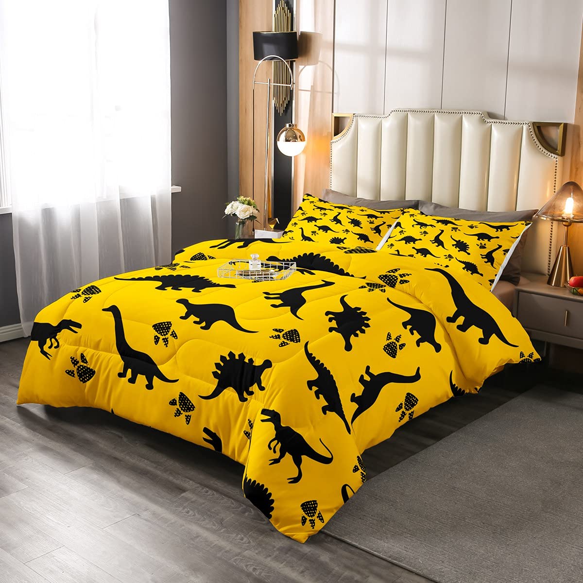 Dinosaur Comforter Set for Kids - Cartoon Dino Silhouette Twin Size Bedding, Yellow & Black Paw Print Microfiber Quilt - Perfect for Boys' Room Decor, Dinosaur Themed Bedroom, and Jurassic Lover Gifts