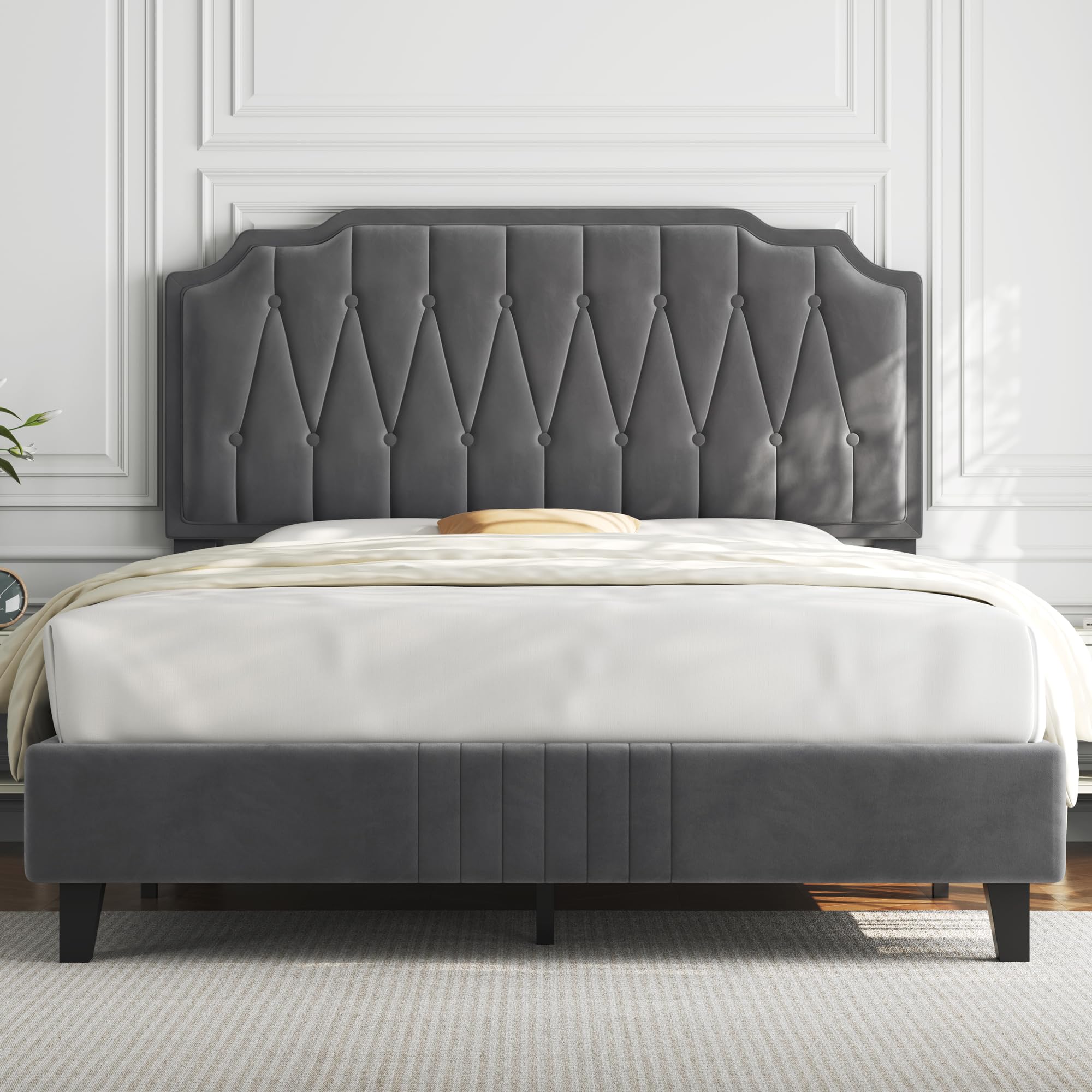 Yaheetech Full Size Bed Frame with Velvet Upholstery, Curved Headboard & Wood Slats - Noise Free, No Box Spring Needed, Easy Assembly, Dark Gray - Perfect for Modern Bedrooms & Guest Rooms