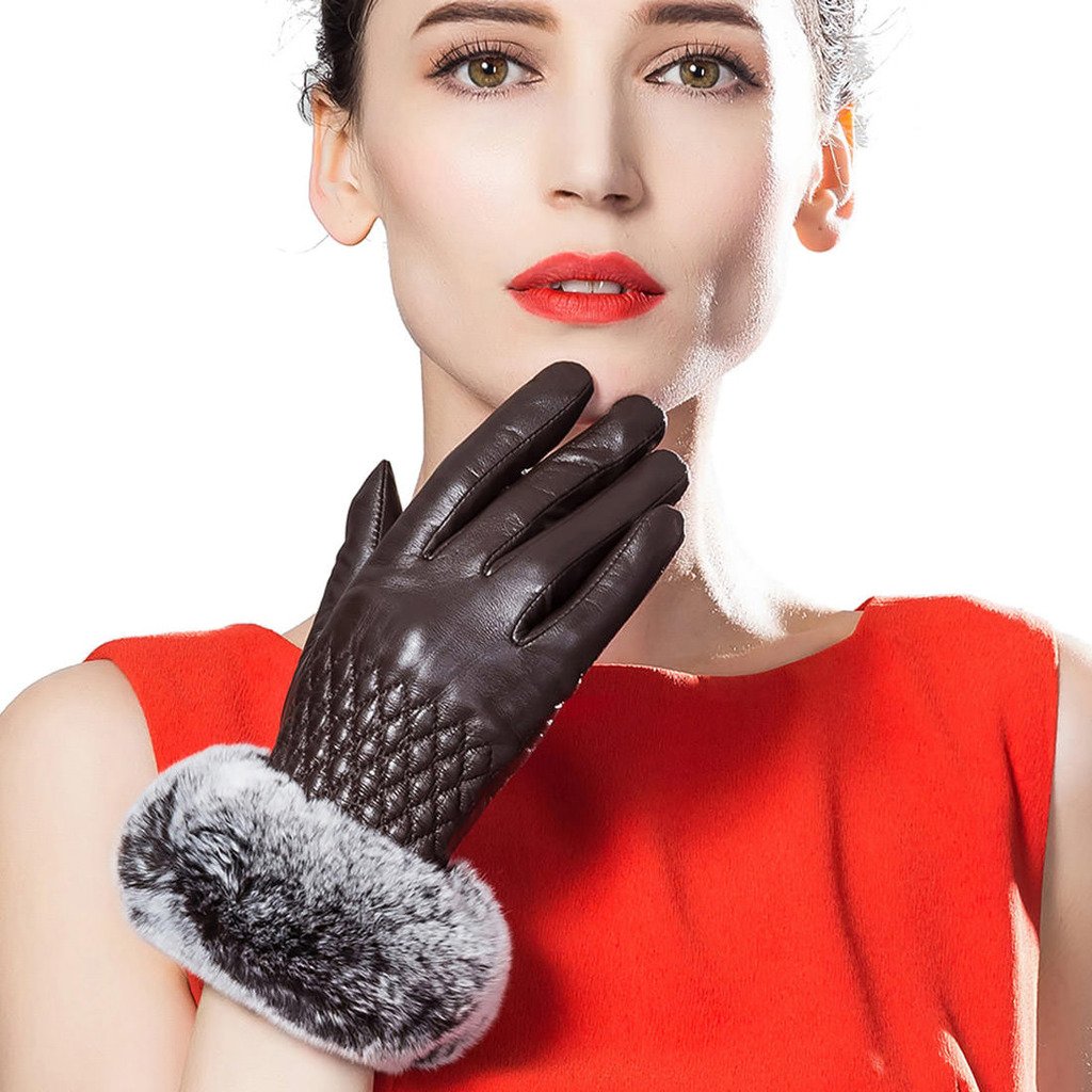 Women's Winter Leather Gloves with Rabbit Fur Cuff - Touchscreen Compatible Cold Weather Gloves for Driving, Outdoor Activities & Daily Use | Fashionable Snow Skiing Accessories & Warm Winter Essentials for Shopping, Commuting and Holiday Gifts | Perfect for Winter Sports, City Life and Christmas Presents