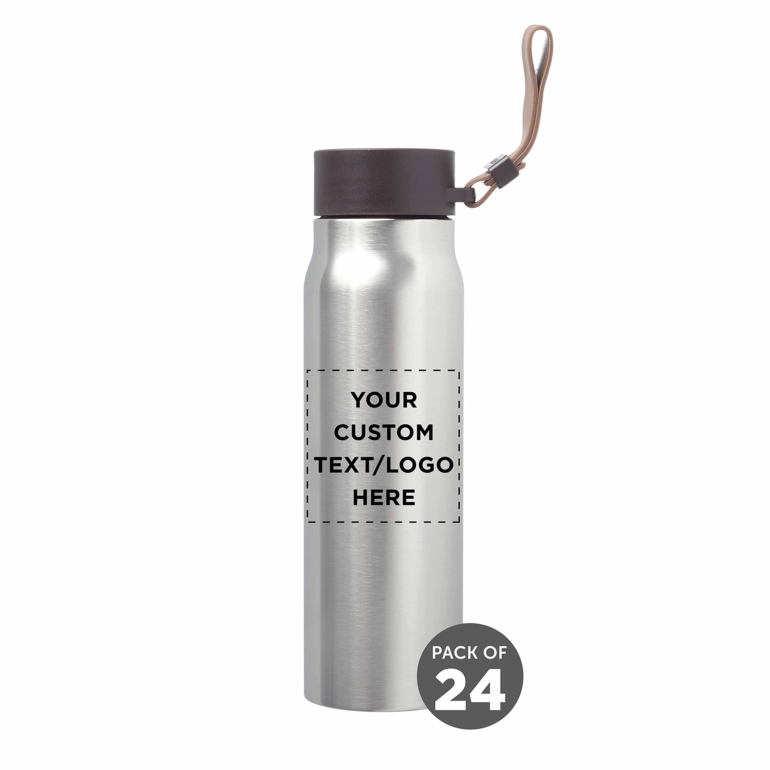24 Pack Vacuum Insulated Stainless Steel Water Bottles 17oz with Leak-Proof Lid & Carry Strap - Custom Text/Logo Printing - Eco-Friendly Reusable Thermos for Gym, Hiking, Office & Outdoor Activities - Brown