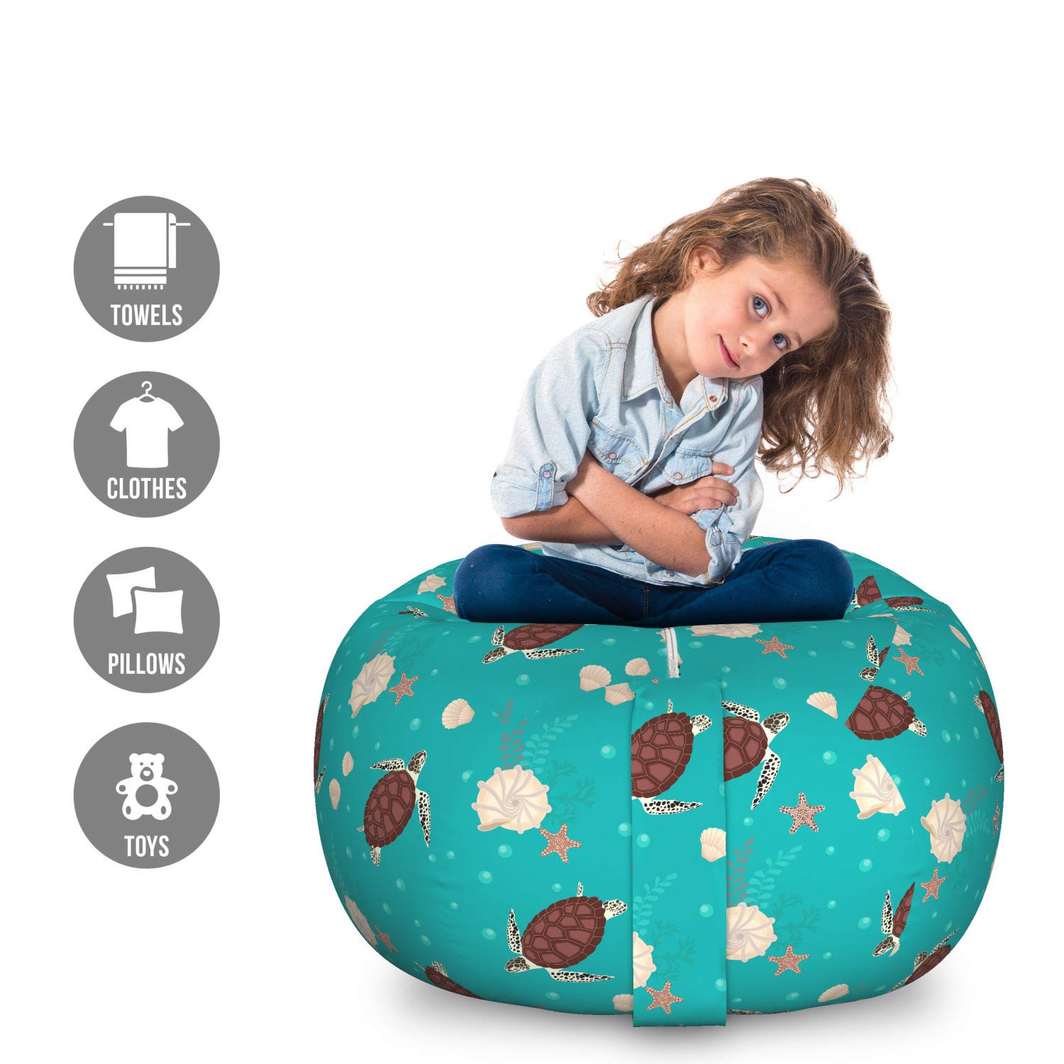 Ambesonne Marine Themed Toy Storage Bag Chair - Large Washable Stuffed Animal Organizer with Bubbles, Turtles, Starfish & Shells Design in Dark Seafoam Chocolate - Perfect for Kids' Room, Nursery, Playroom & Beach House Decor