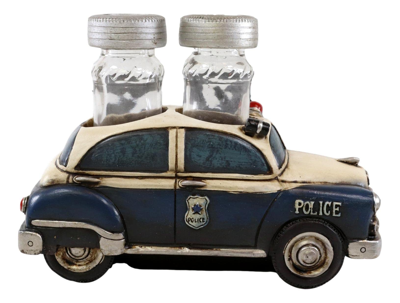 Vintage Blue Police Patrol Car Salt and Pepper Shaker Holder - Classic Policemen Figurine Set for Kitchen Decor, Historical Accent Gift for Men & Women - Perfect for Themed Parties, Collectors, and Home Decoration