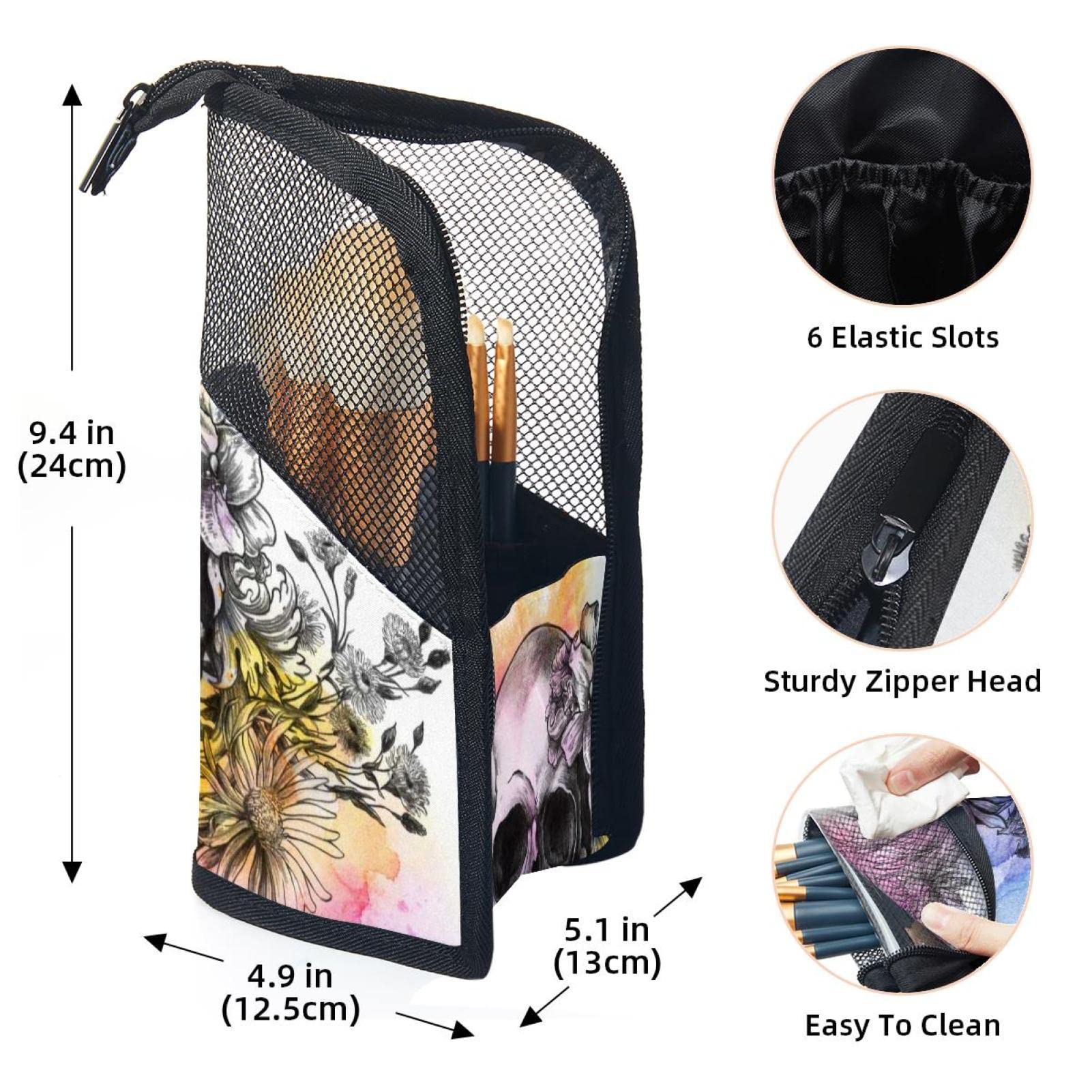 Waterproof Makeup Brush Organizer Bag with 12 Slots - Floral Skull Design Portable Cosmetic Brush Holder Case for Travel, Home & Professional Makeup Artists