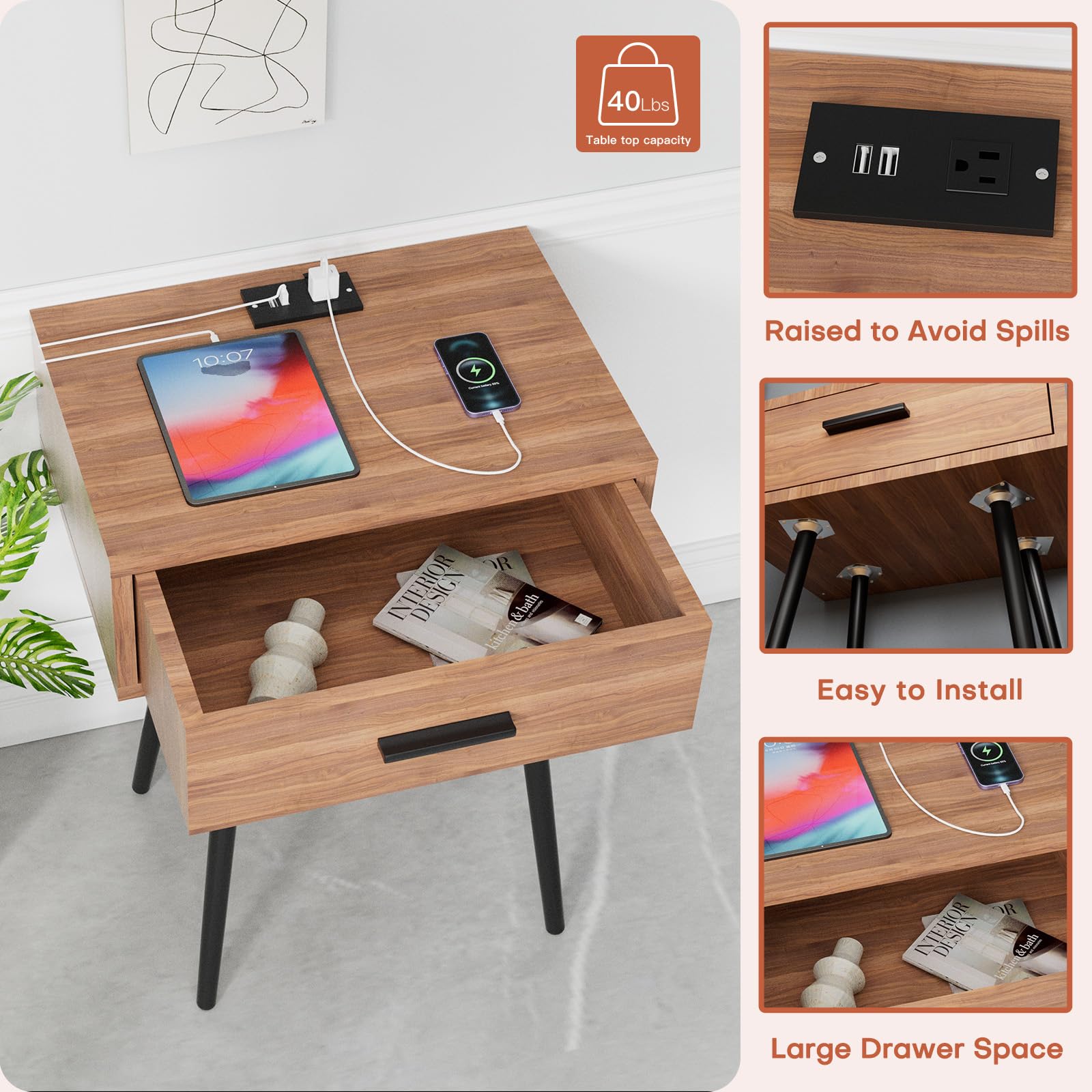 Modern Wooden Nightstand with USB Charging Port & Drawers - Walnut Finish Small Side Table for Bedroom, Living Room, Dorm - Perfect as Bedside Table, Dresser or End Table - Light Brown Home Decor for Cozy Spaces
