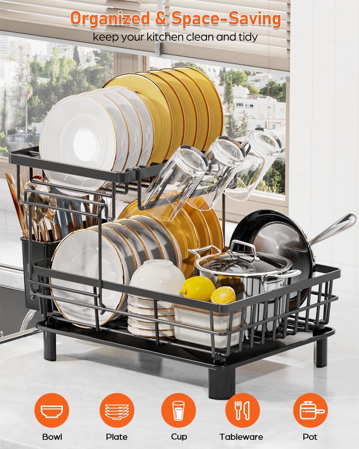 2 Tier Stainless Steel Dish Drying Rack with Drainboard - Space Saving Kitchen Counter Organizer for Dishes, Cups, Utensils, Knives, Spoons & Forks | Perfect for Small Kitchens, Apartments & RVs (Black)