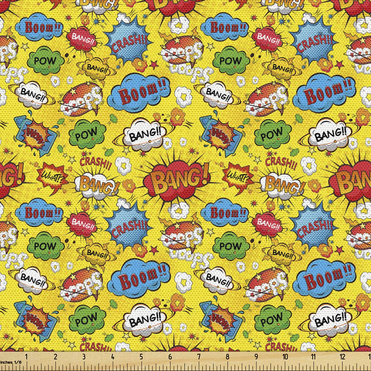 Lunarable Superhero Fabric by The Yard - Humorous Speech Bubbles with Funky Bang Boom Pow Design - Vibrant Red & Yellow Decorative Fabric for Upholstery, DIY Projects & Home Decor (10 Yards) - Perfect for Comic-Themed Bedrooms, Costume Accessories & Superhero Party Decorations