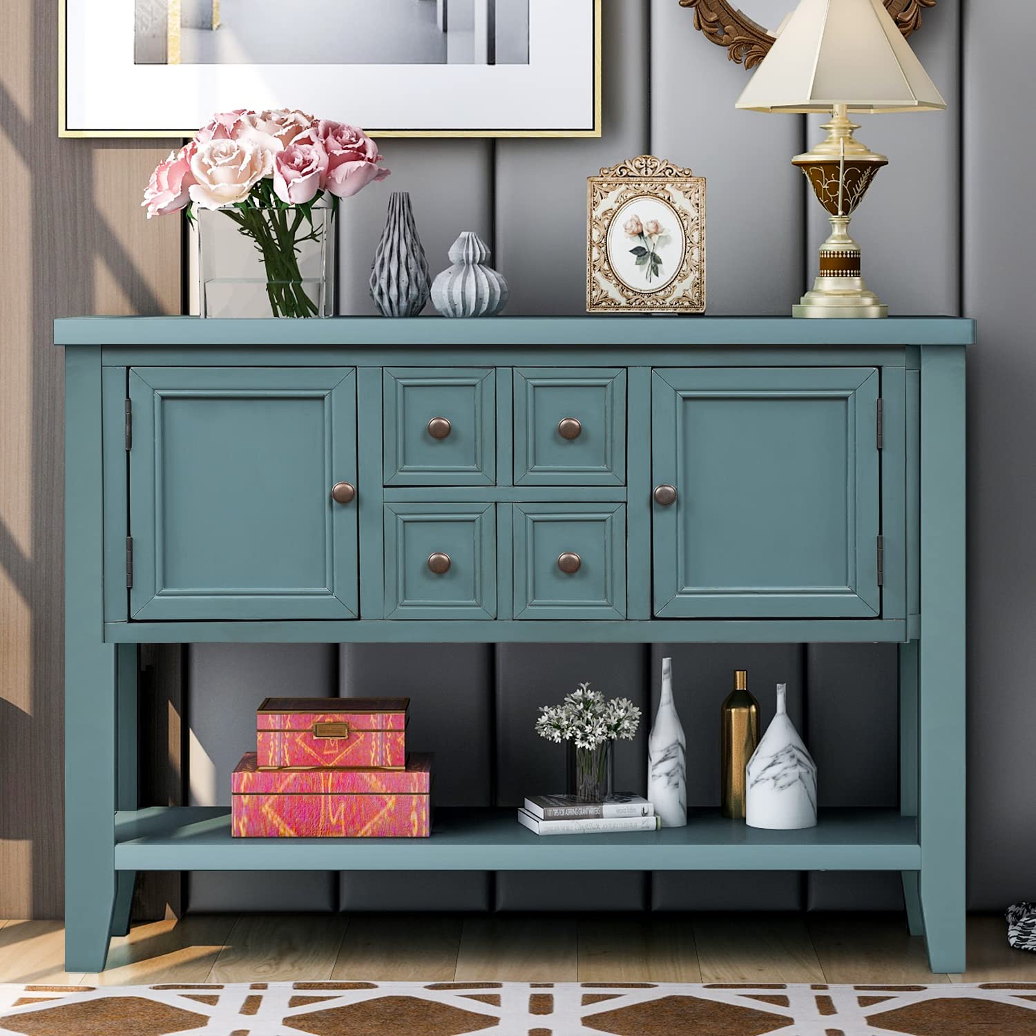 Dark Blue Wood Buffet Sideboard Table with Storage Cabinet & Drawers - Multi-Purpose Console Table for Living Room, Kitchen, Entryway | Perfect for Dining Room Storage, Hallway Decor & Sofa Side Table