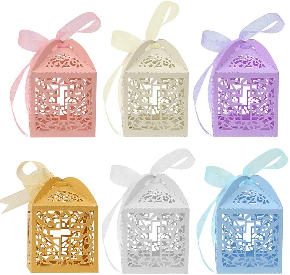 VIVIQUEN Laser Cut Cross Favor Boxes - 50 Ribbons Included for Baby Shower, Christening, Wedding Party Decorations (Baby Pink) | Elegant Baptism Favors & Bomboniere Gift Boxes for Religious Celebrations