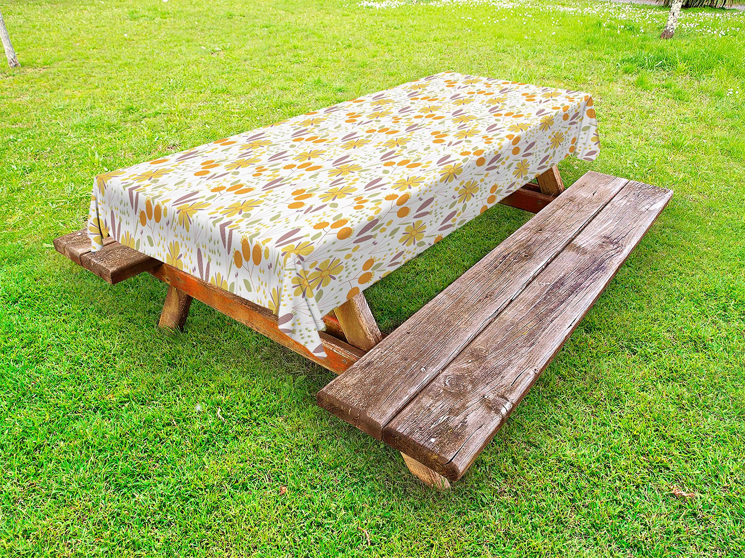 Ambesonne Floral Outdoor Tablecloth - Autumn Field Gardening Design, Hand Drawn Cottage Yard Fall Foliage Motif, Washable Picnic Table Cover 58