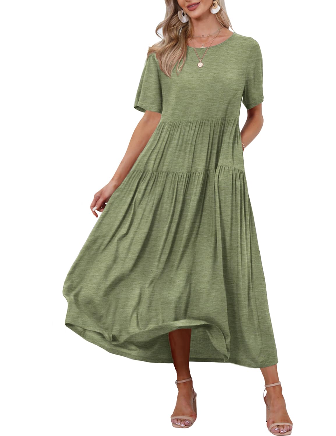 YESNO Women's Casual Loose Bohemian Floral Maxi Dress with Pockets - Short Sleeve Summer Beach Swing Dress in Army Green (Size XL) - Perfect for Vacations, Music Festivals & Boho Chic Outfits