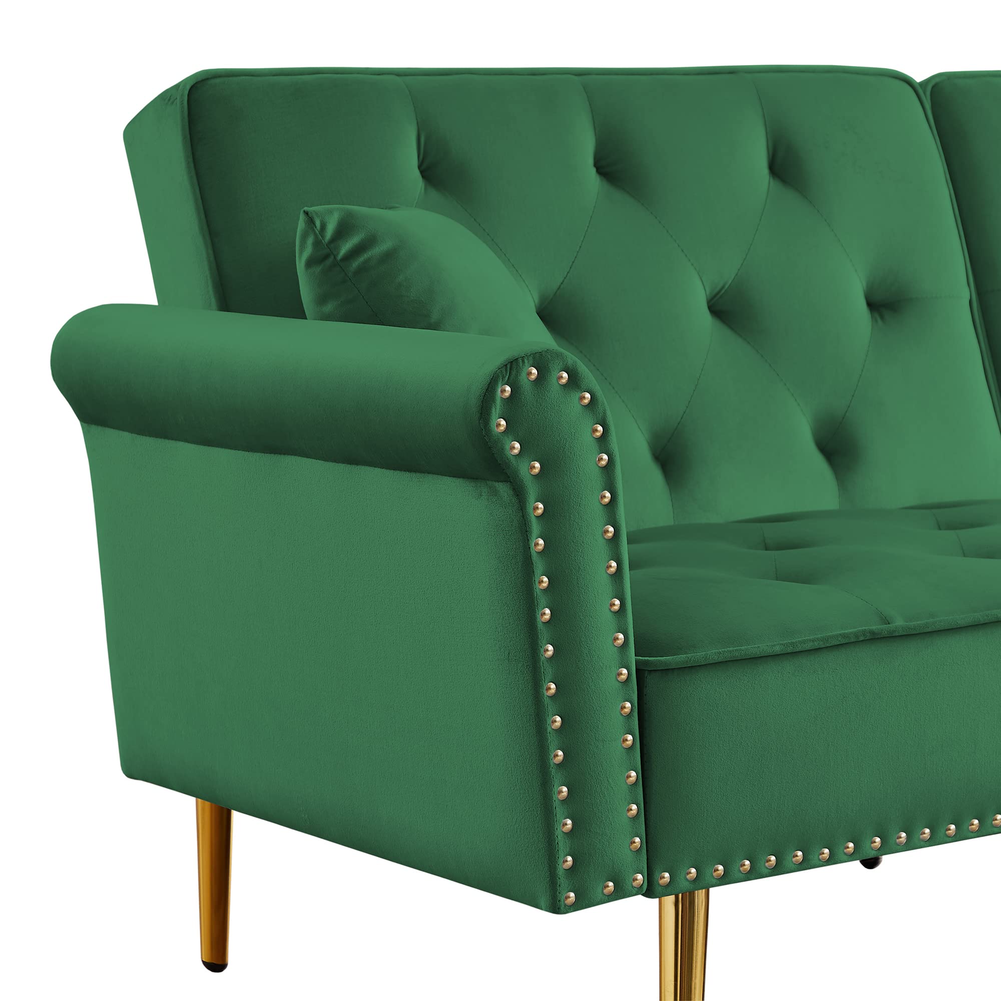 Velvet Upholstered Reversible Futon Sofa Bed with Modern Rivets Design - 2 Pillows Included - Green Convertible Couch for Small Spaces, Living Room, Guest Room & Dorm