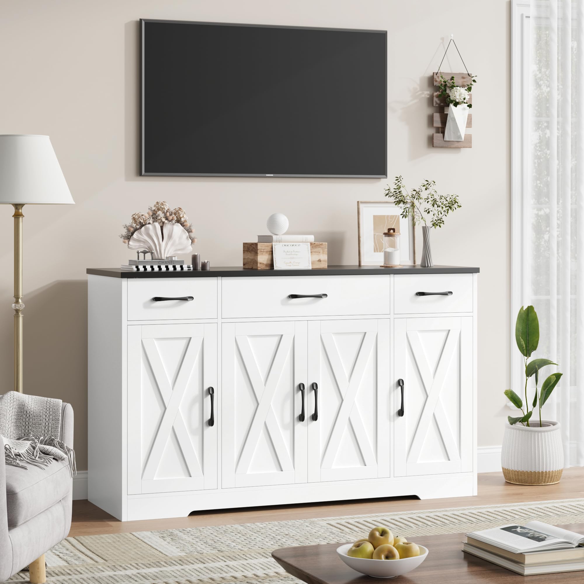Modern Farmhouse Buffet Cabinet with Drawers & Shelves - 55