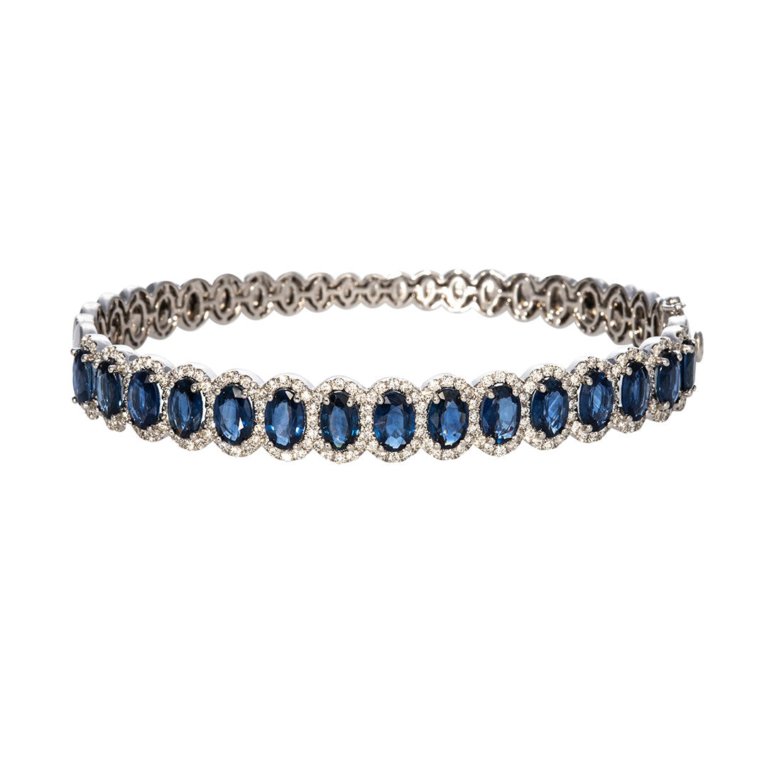 14K White Gold Oval Sapphire & Diamond Halo Bangle Bracelet - Elegant Jewelry for Weddings, Anniversaries & Special Occasions
