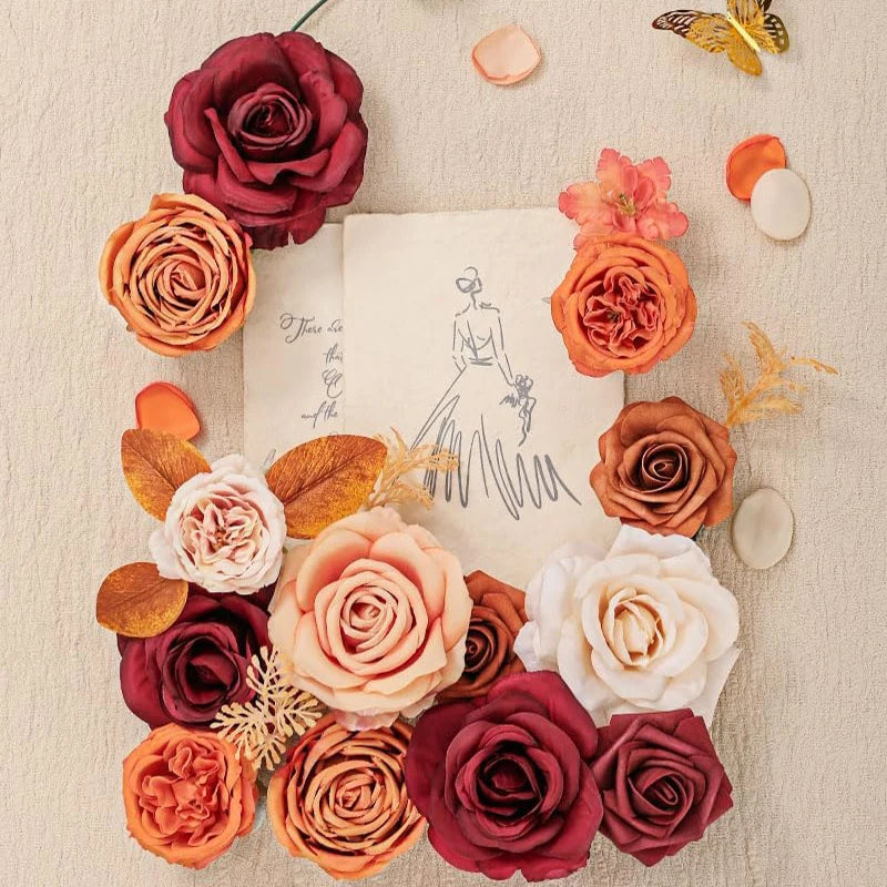 Yannew Burnt Orange Artificial Roses Combo Box - 24pcs Real Touch Silk Flowers for DIY Fall Wedding Bouquets, Boho Home Decor, Table Centerpieces & Seasonal Arrangements